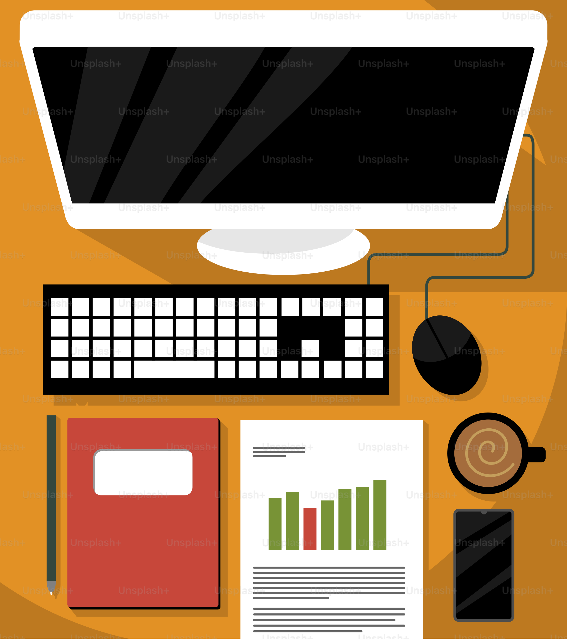 A desktop computer sitting on top of a desk vector Illustration Image