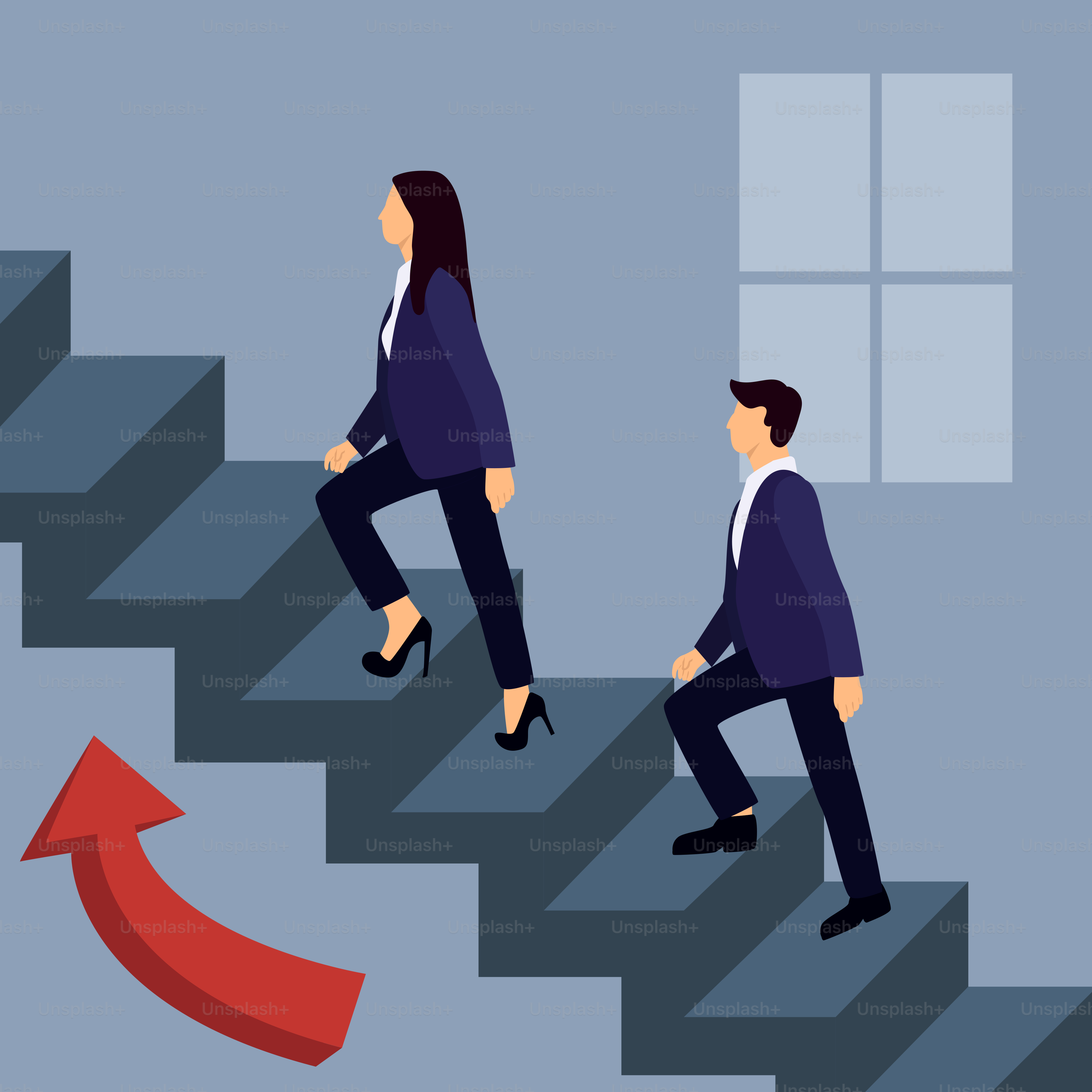 Un homme et une femme montant un escalier