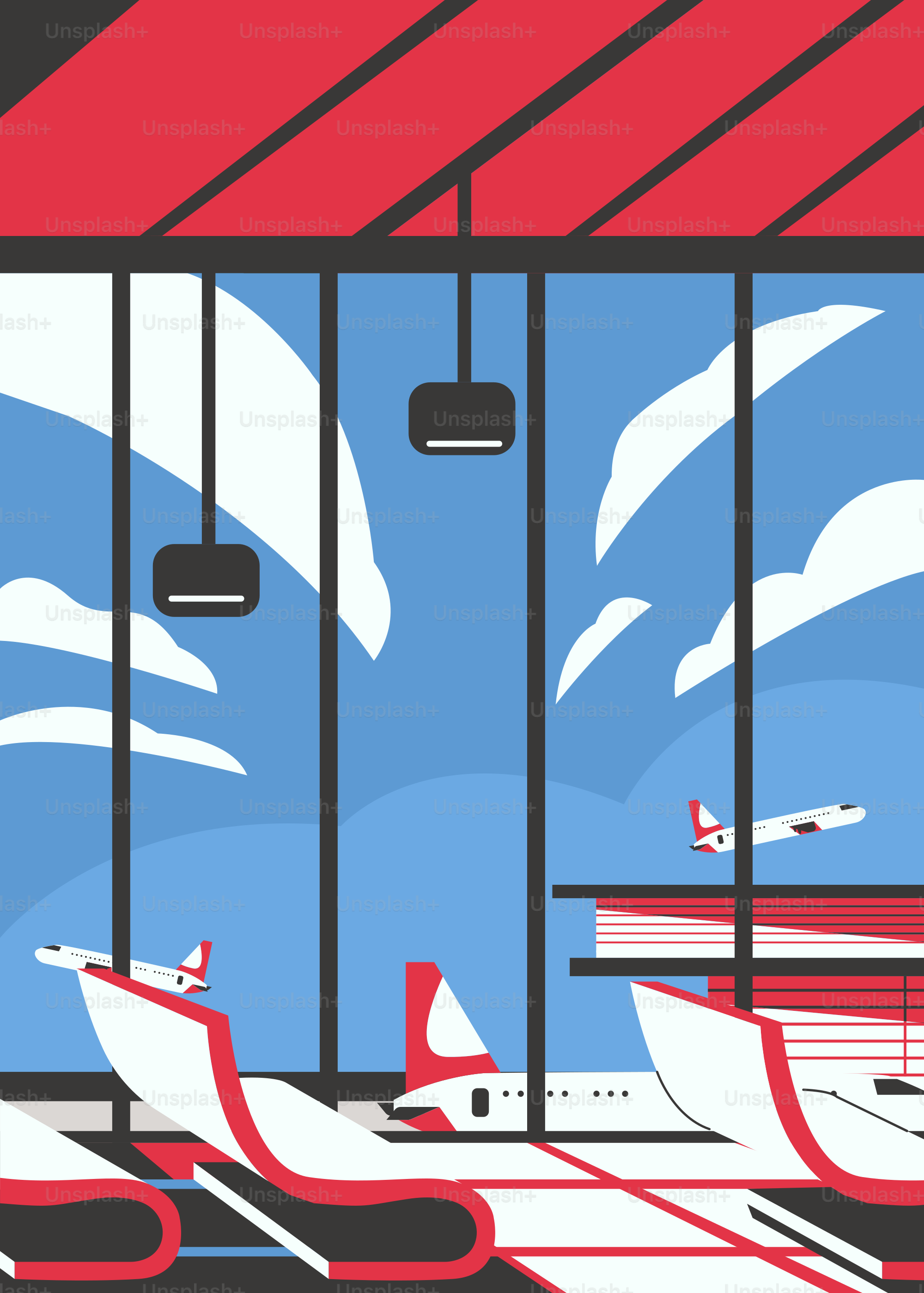 An airport terminal with planes parked on the tarmac