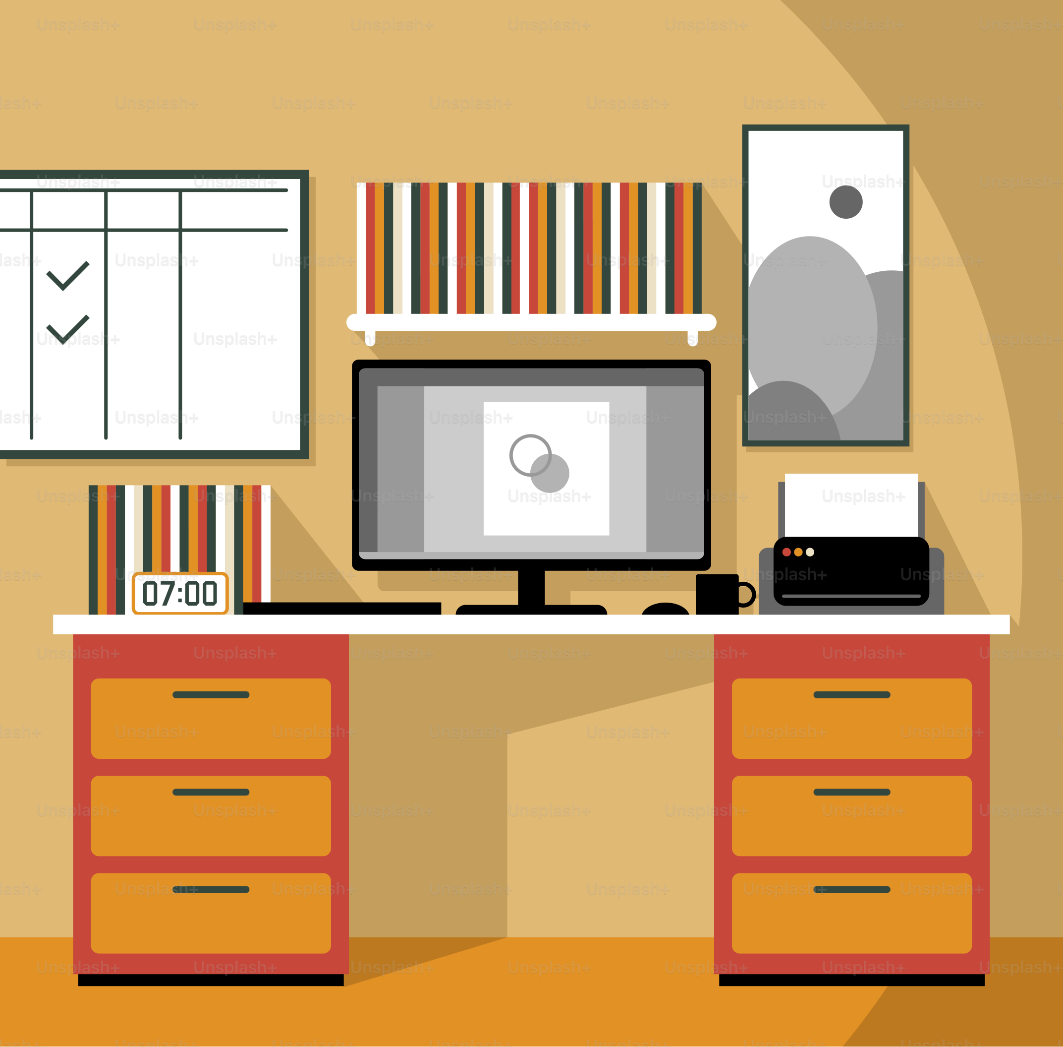 A desktop computer sitting on top of a desk vector Illustration Image