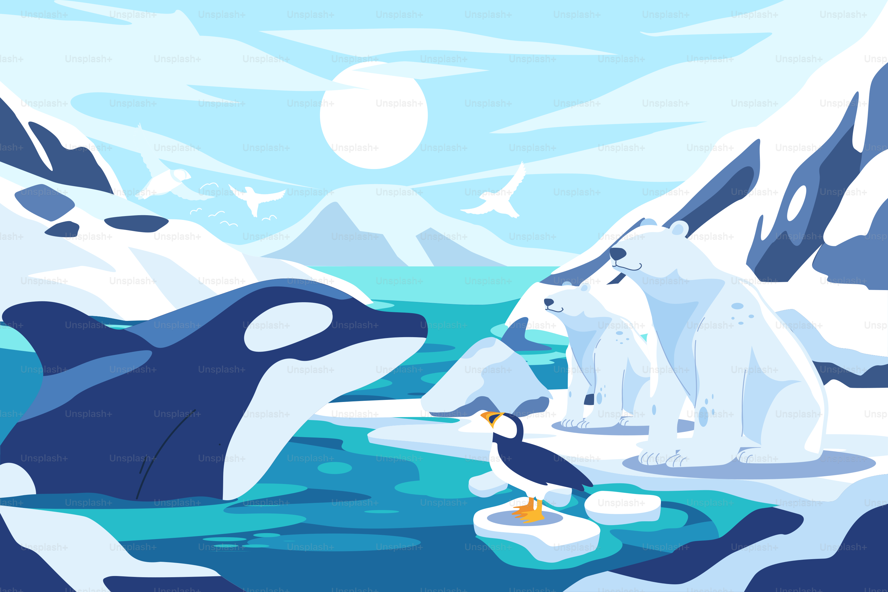 An illustration of a penguin standing on an iceberg