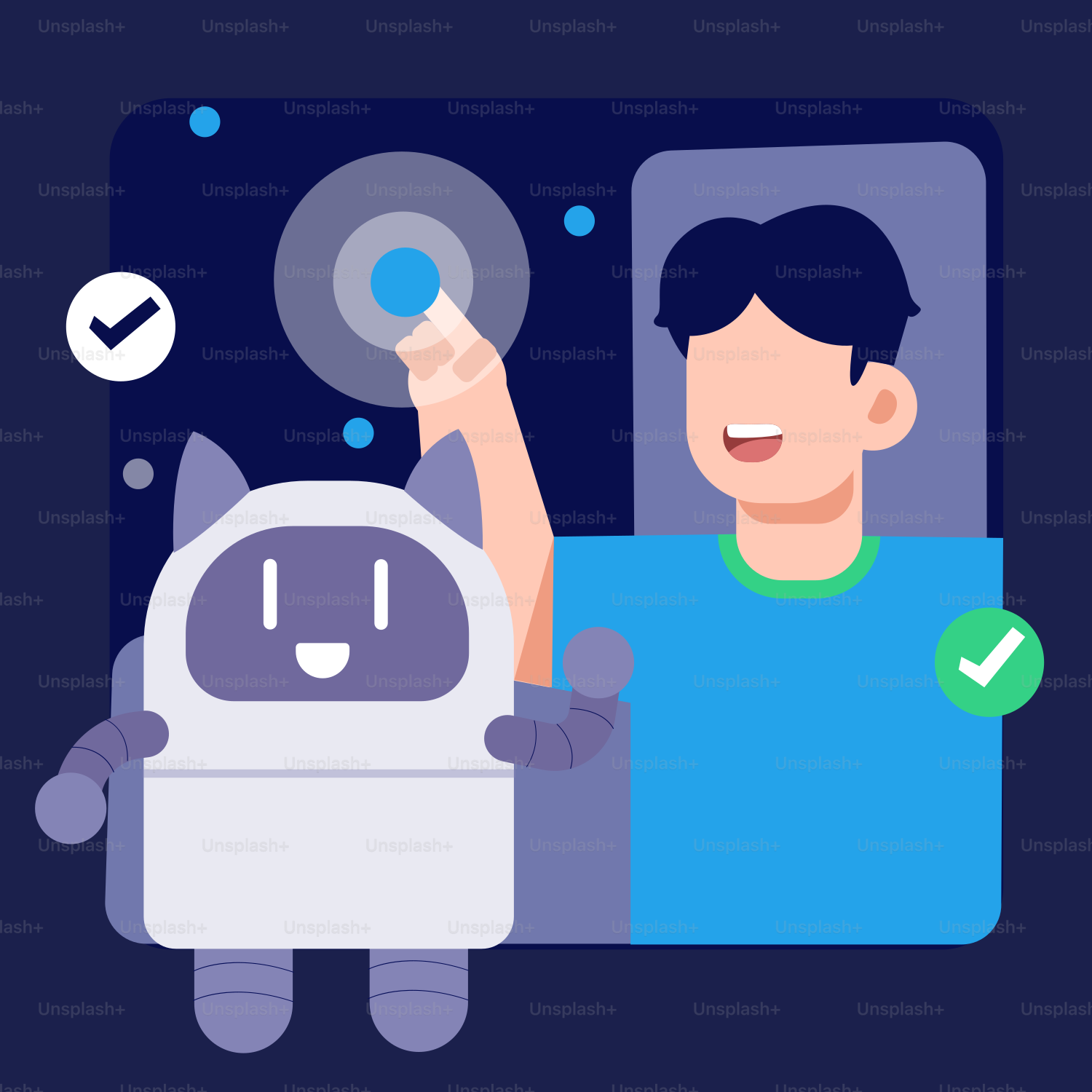 Um homem na cama com um robô ao lado dele