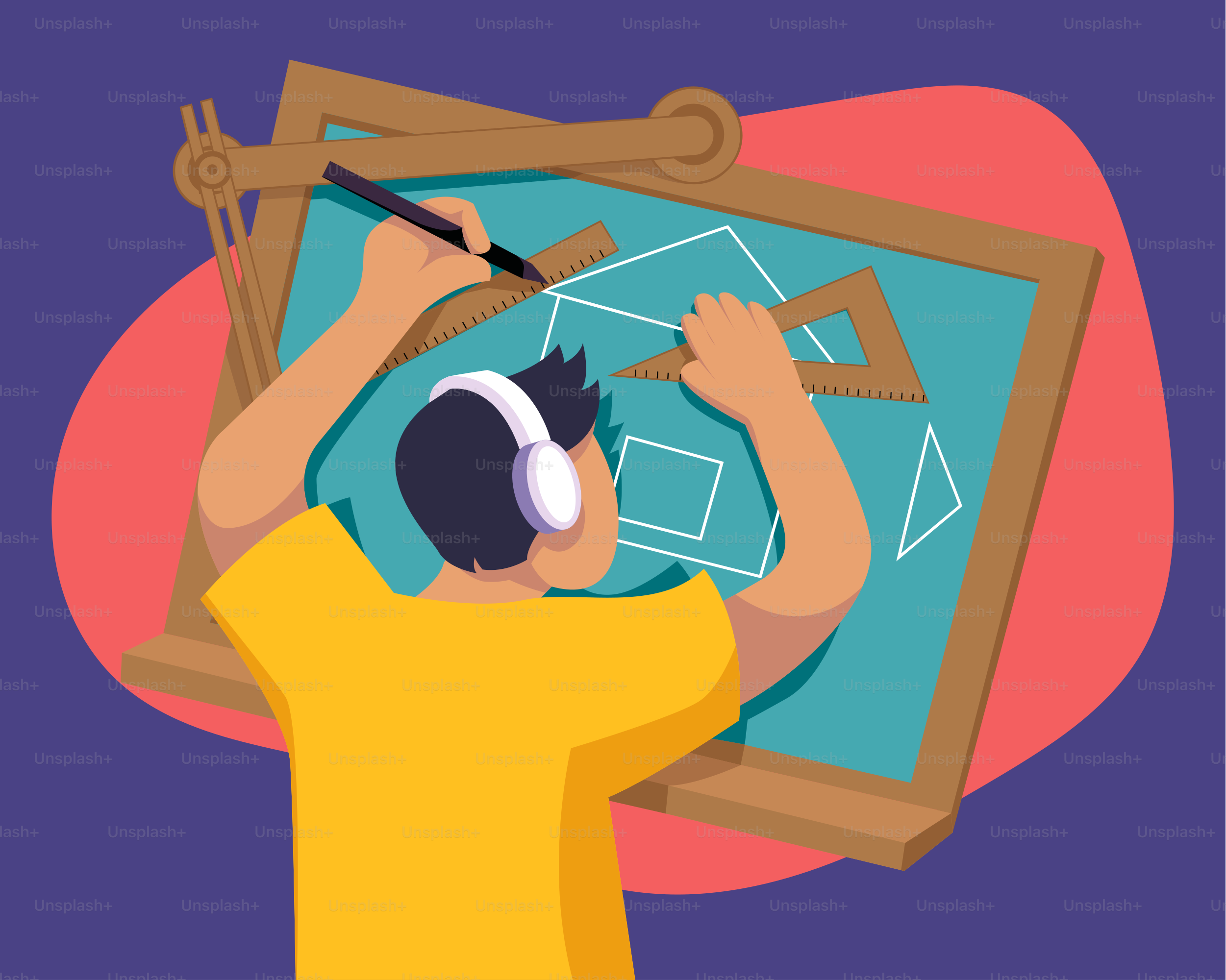 A man is drawing on a chalkboard with headphones