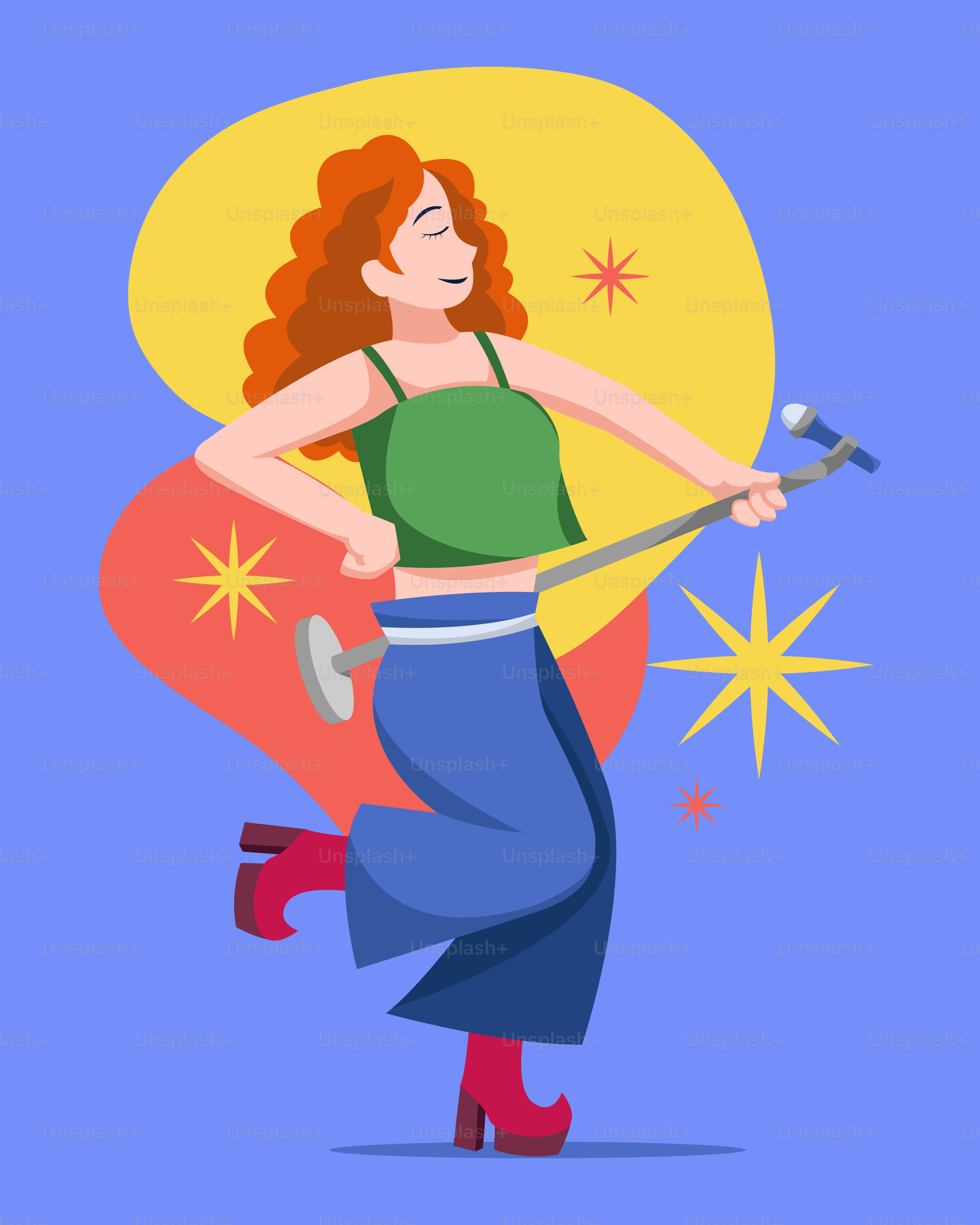 Una mujer con falda sostiene un martillo