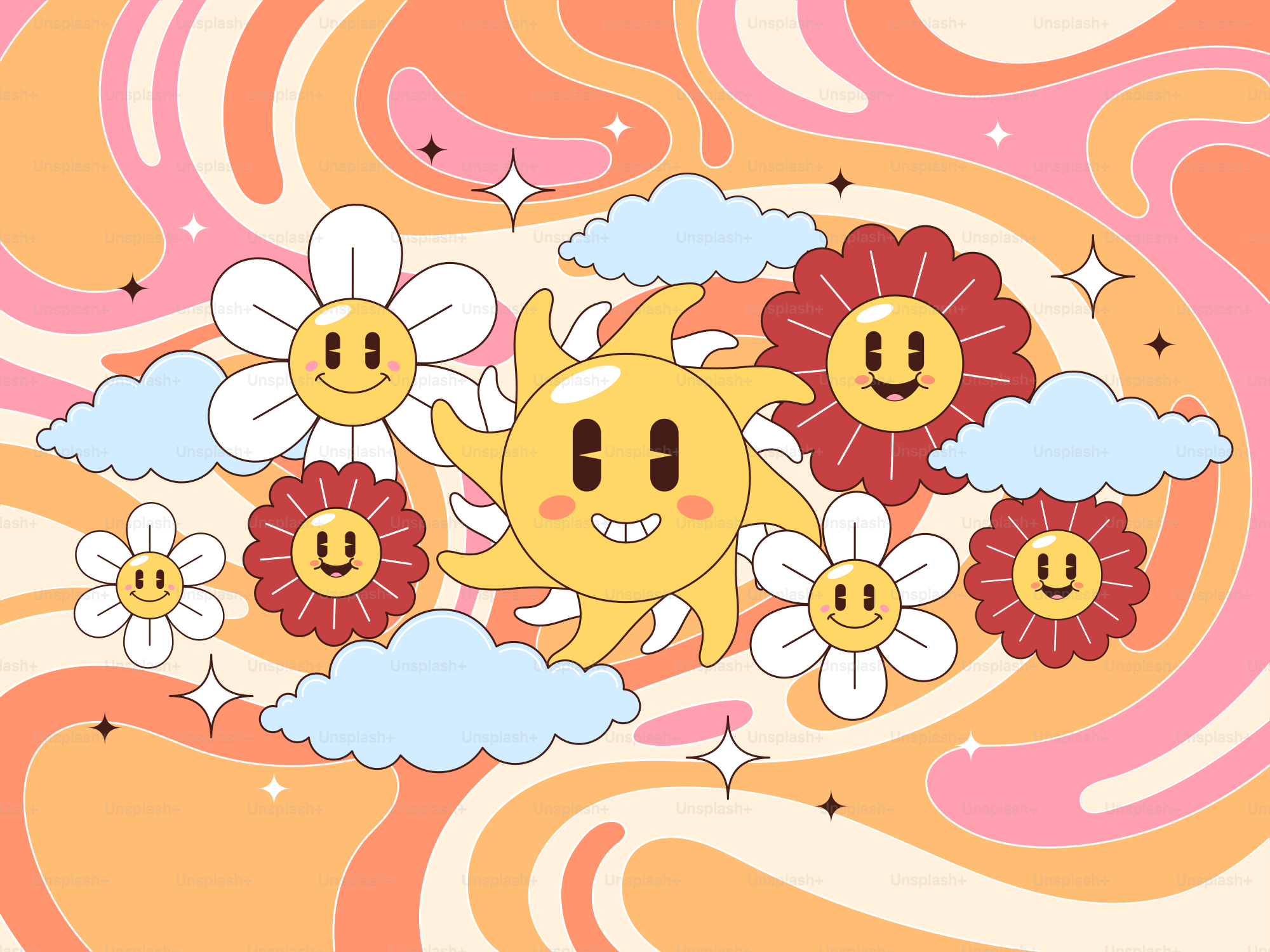 Un sol de dibujos animados rodeado de flores y nubes