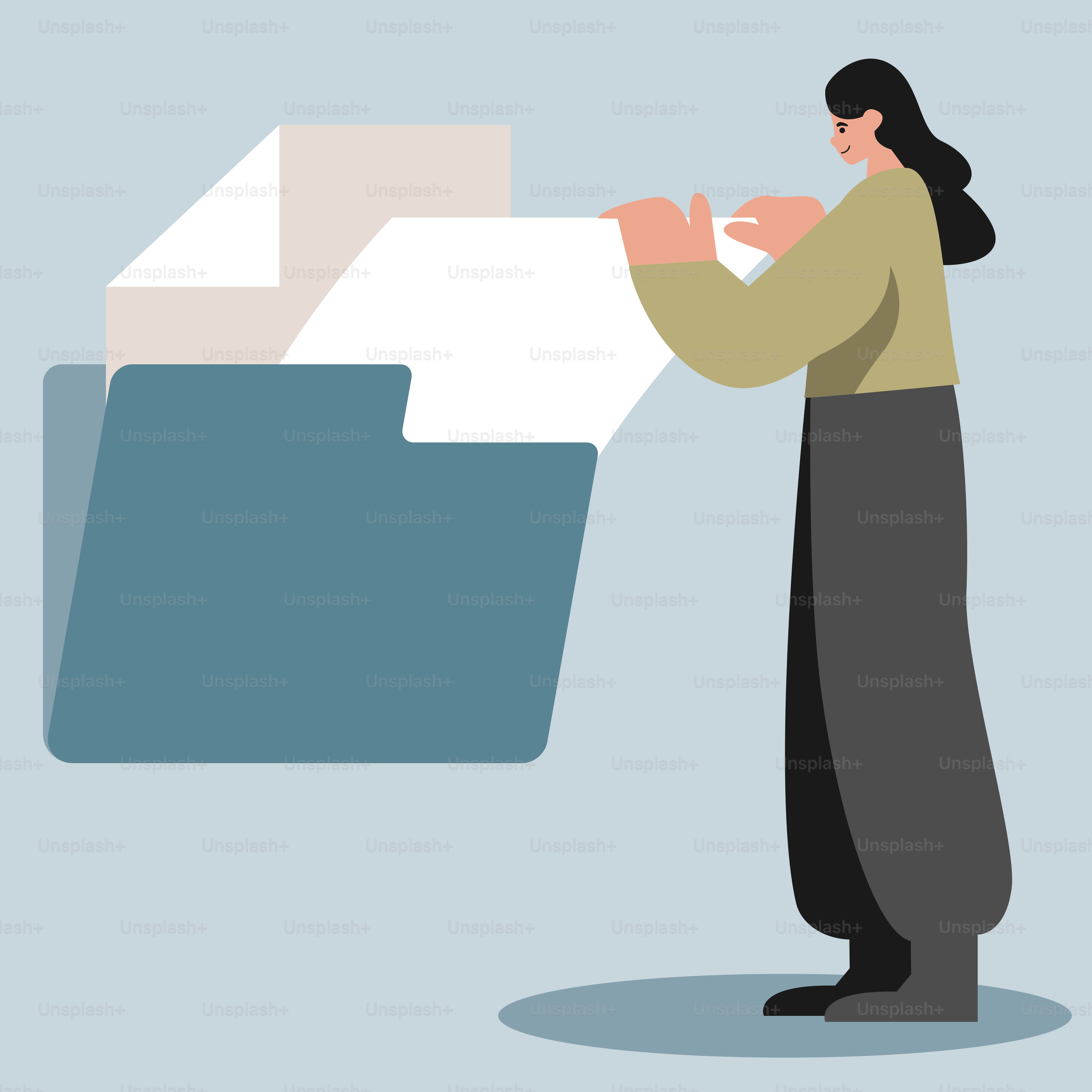 A woman is holding a large file of papers