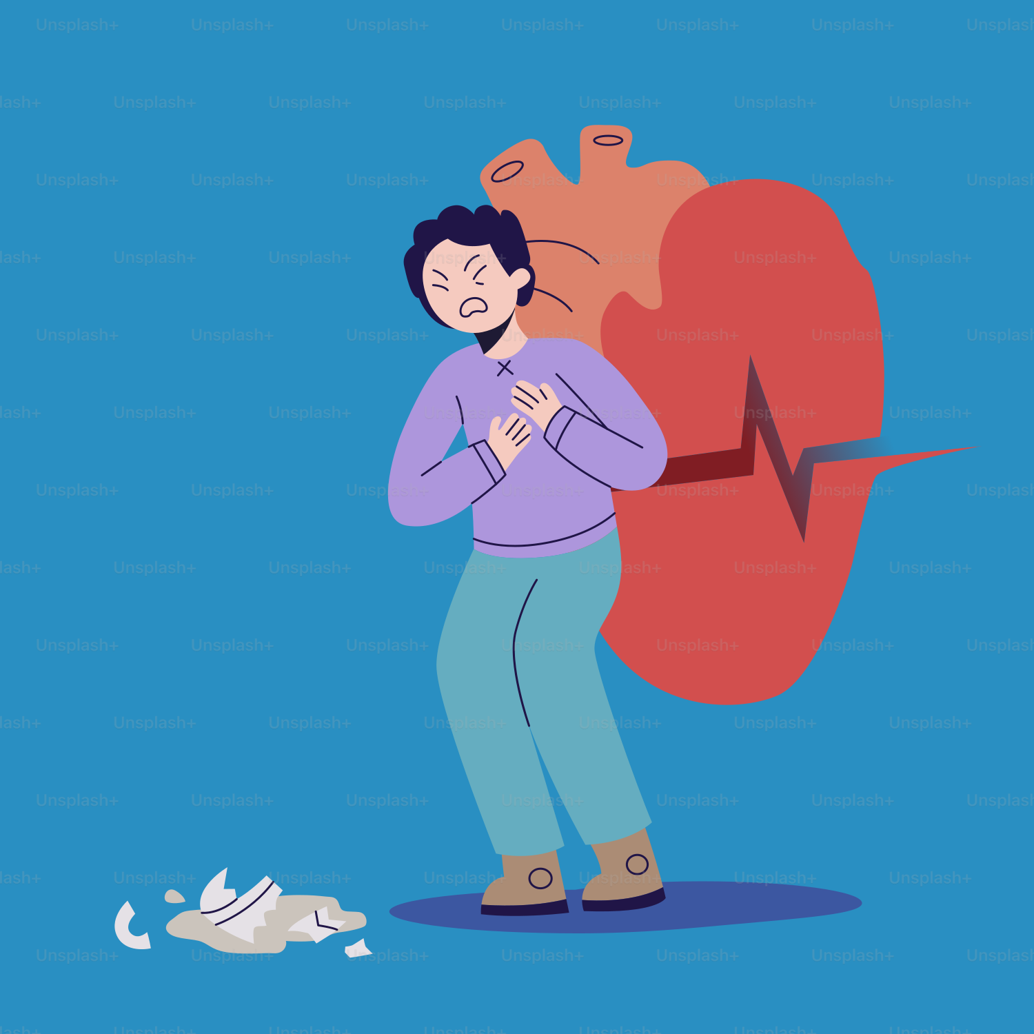 A man standing next to a broken heart