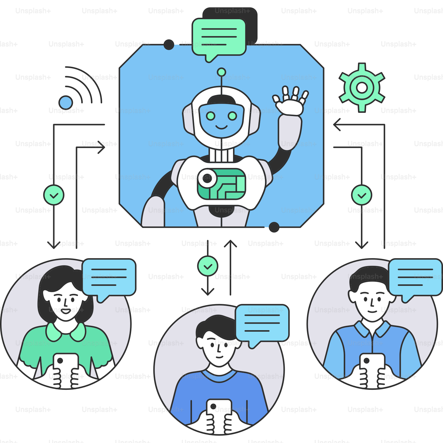 A graphic of a robot holding a cell phone