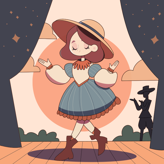 A woman in a dress and hat standing on a stage