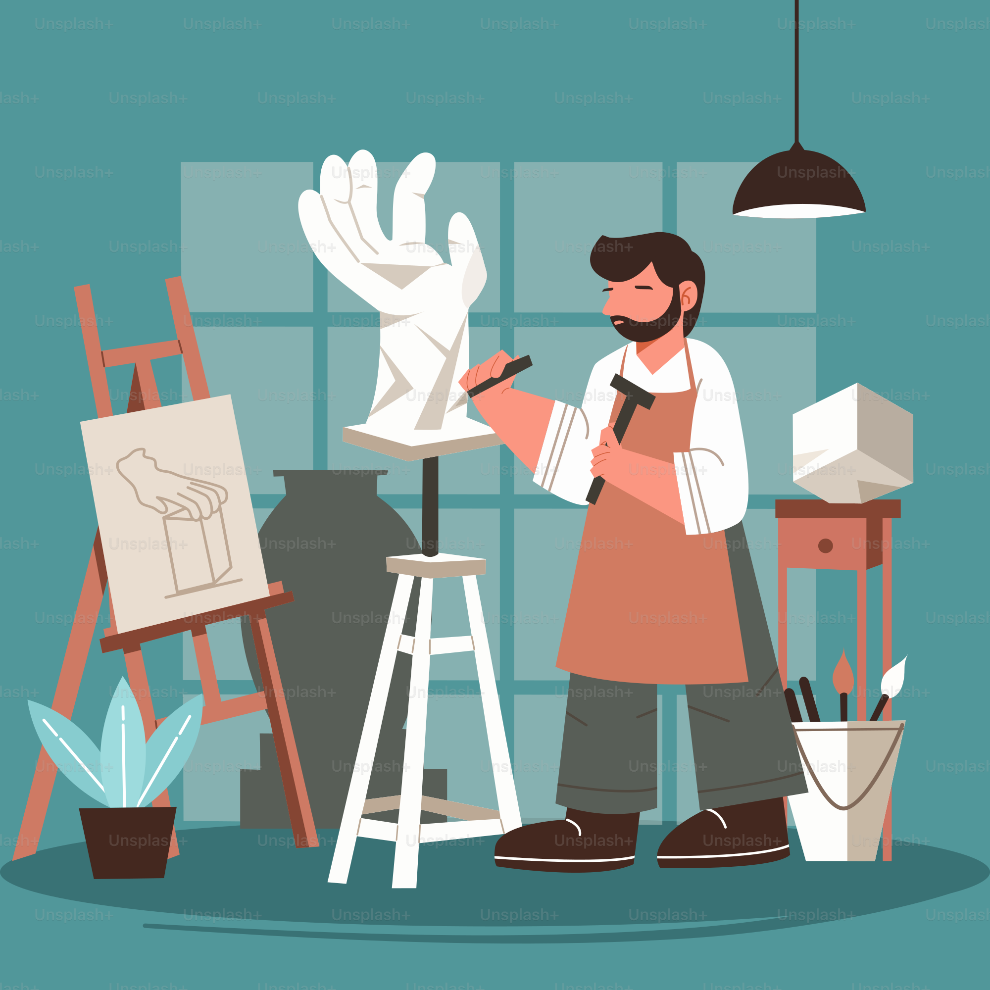 Um homem parado em frente a um cavalete de pintura