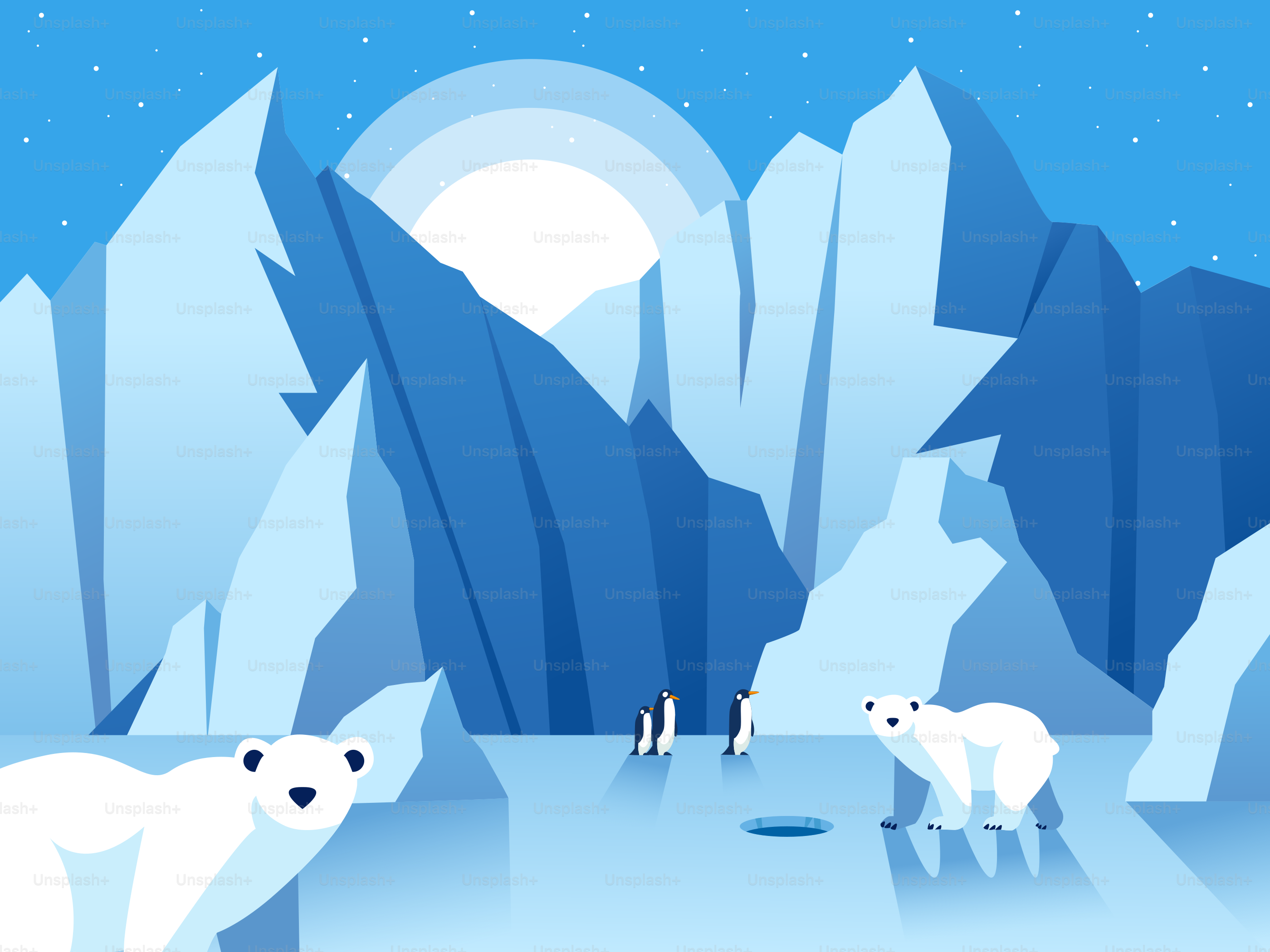 A group of polar bears standing on top of a glacier