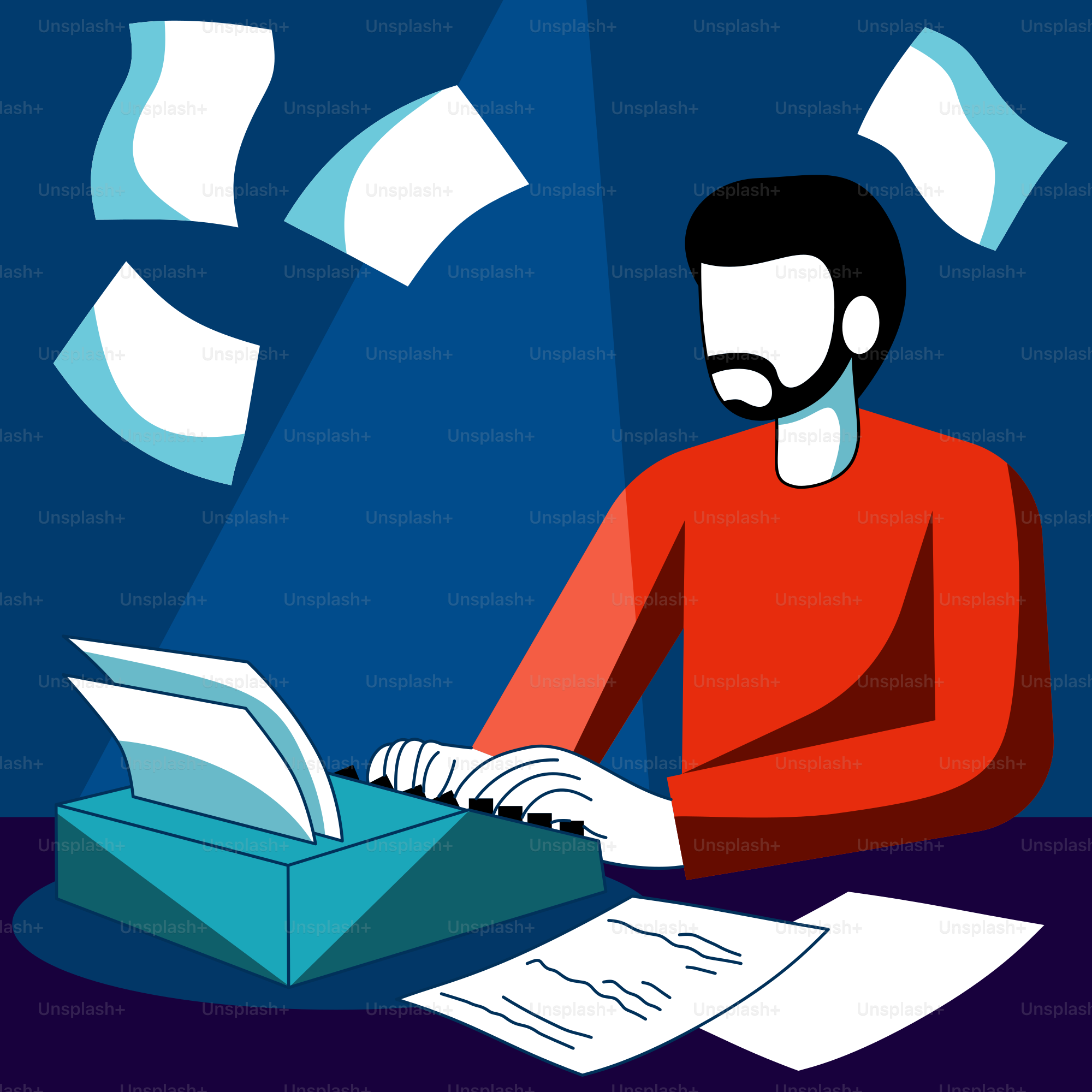 Ein Mann saß an einem Schreibtisch, um ihn herumflogen Papiere