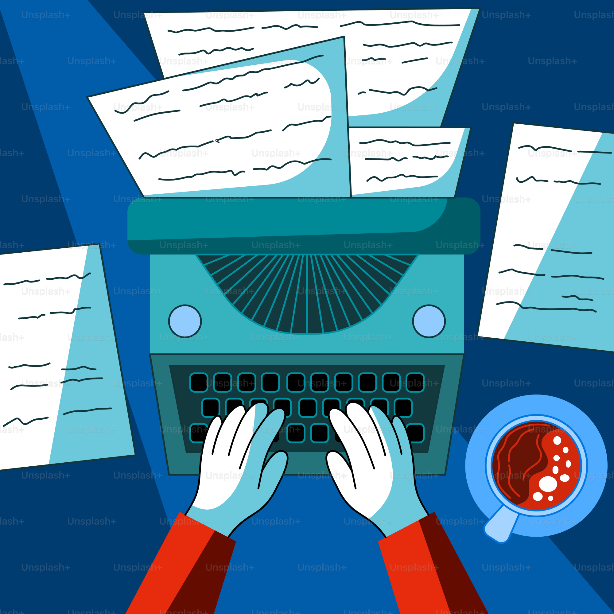 A person typing on a typewriter surrounded by papers