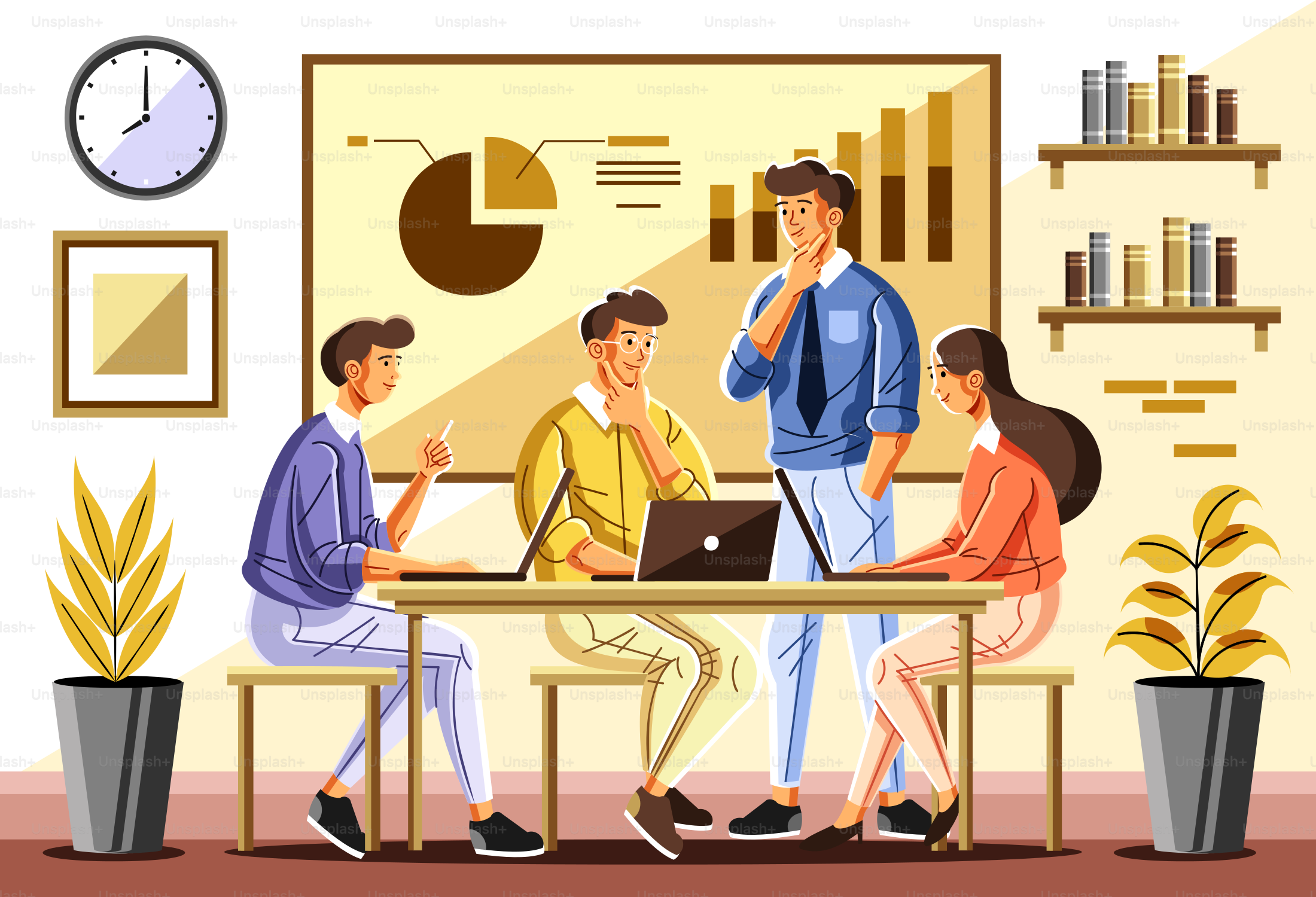 A group of people sitting around a table working on laptops