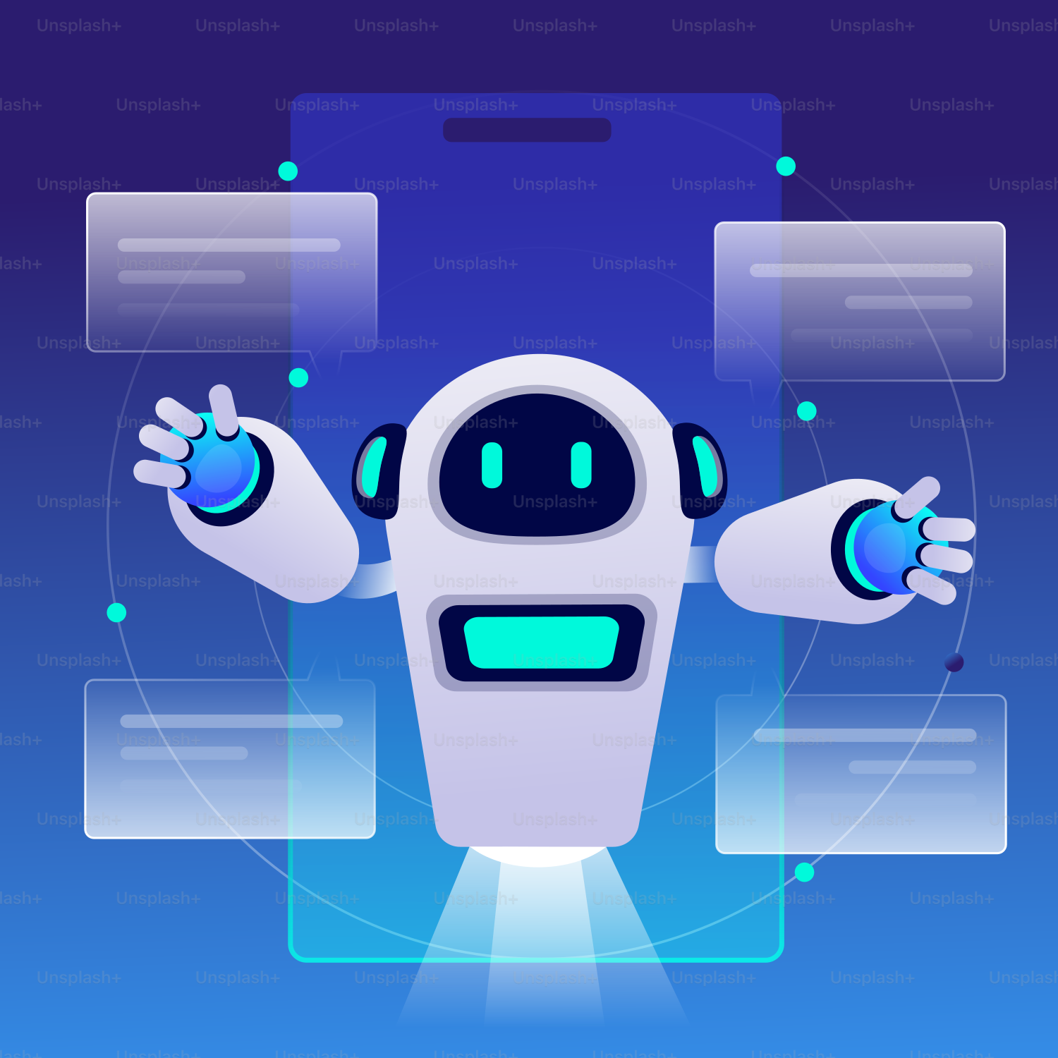 A white robot with arms outstretched in front of a blue background