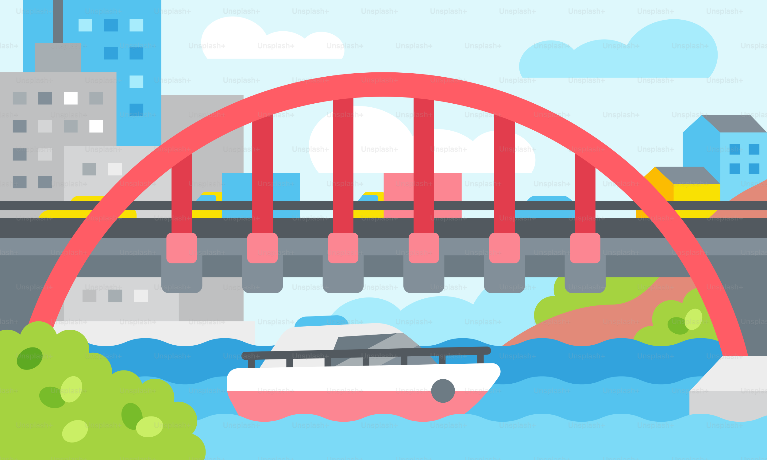 A bridge over a river with a boat on it