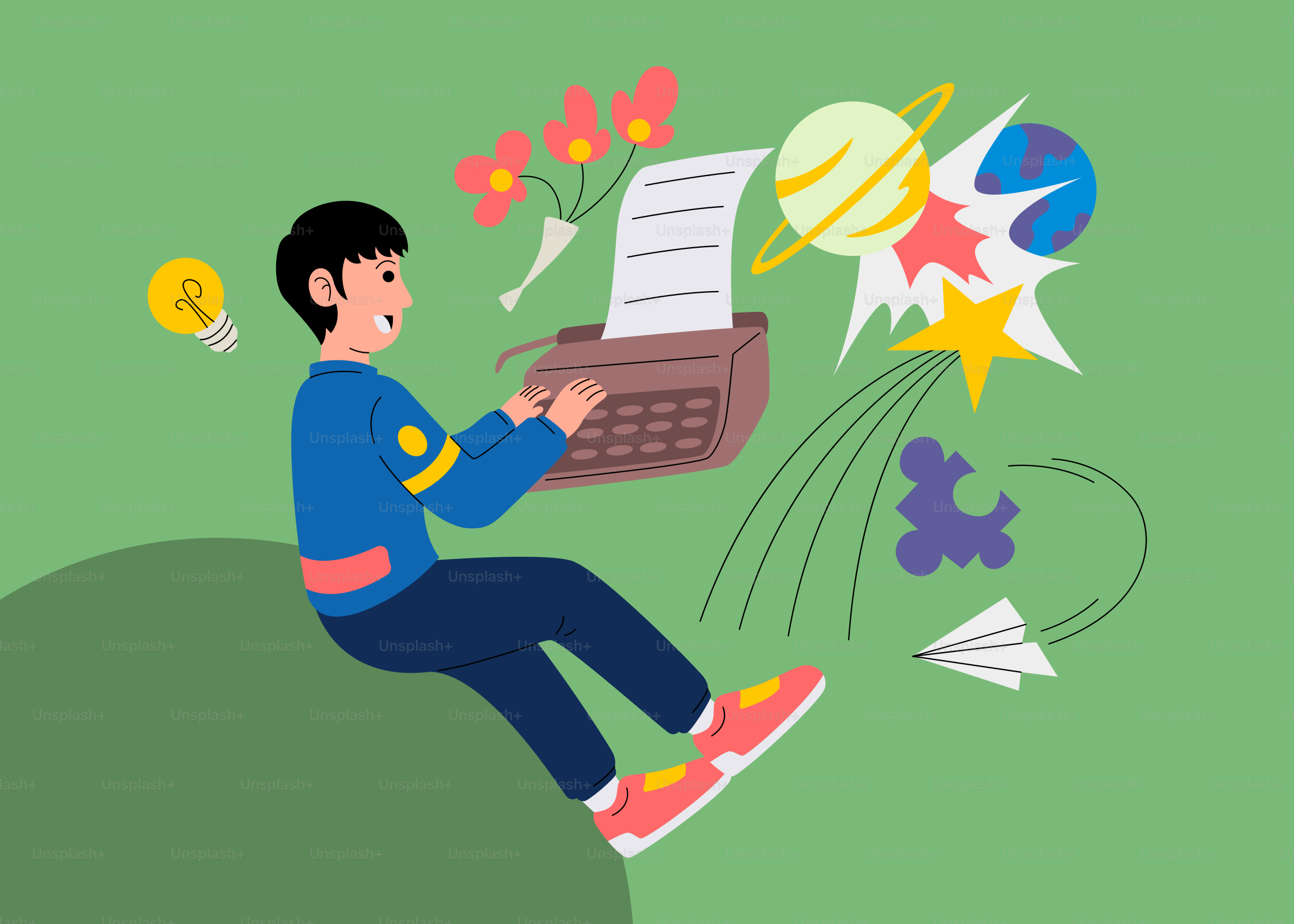 A man sitting on top of a green hill