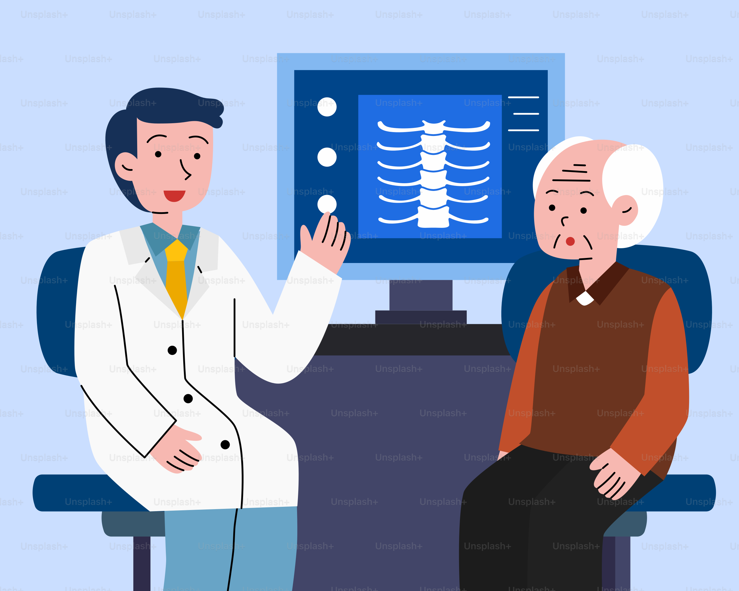 A doctor and an elderly man sitting in front of a computer screen