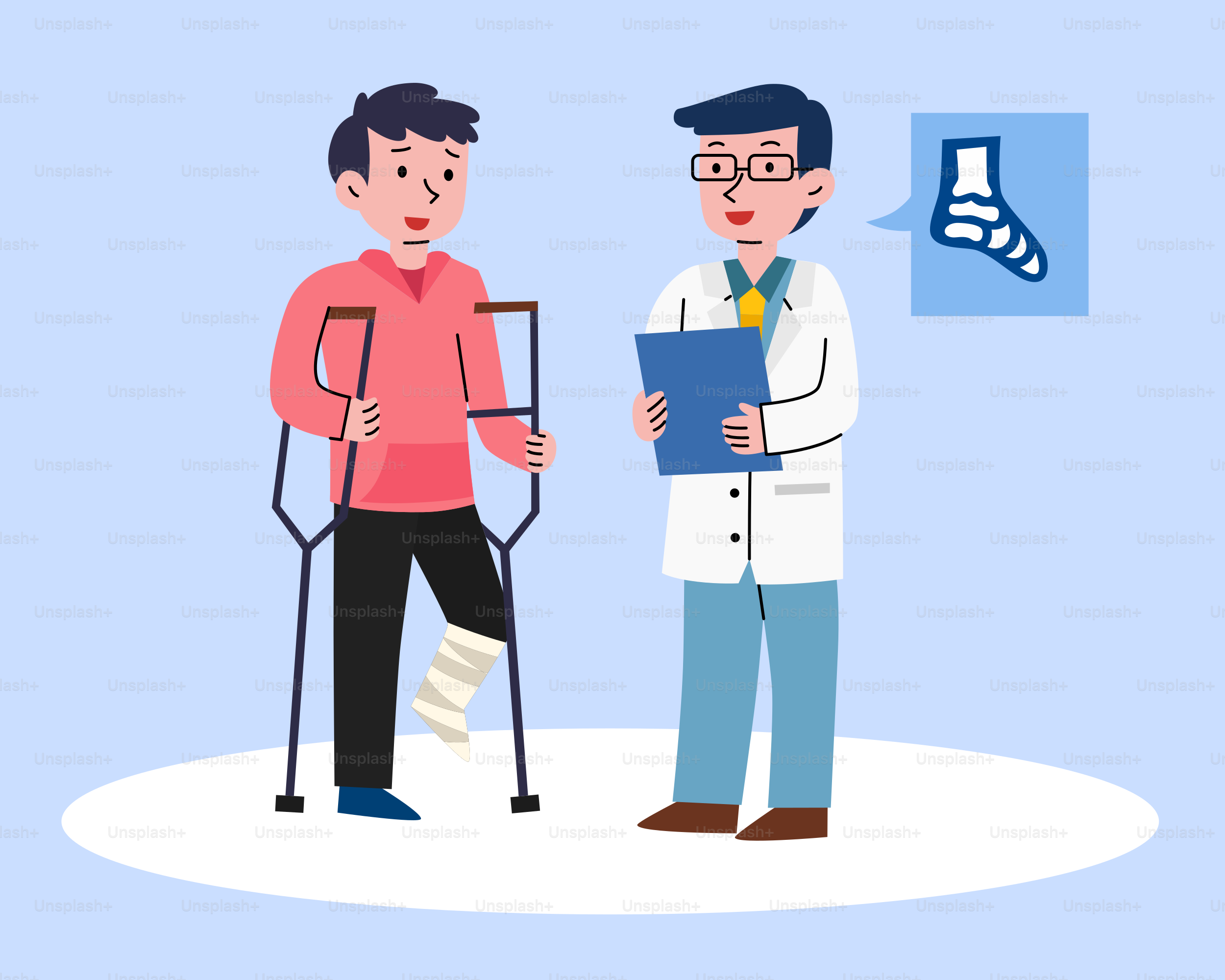 A man with a broken leg is talking to another man with a broken leg