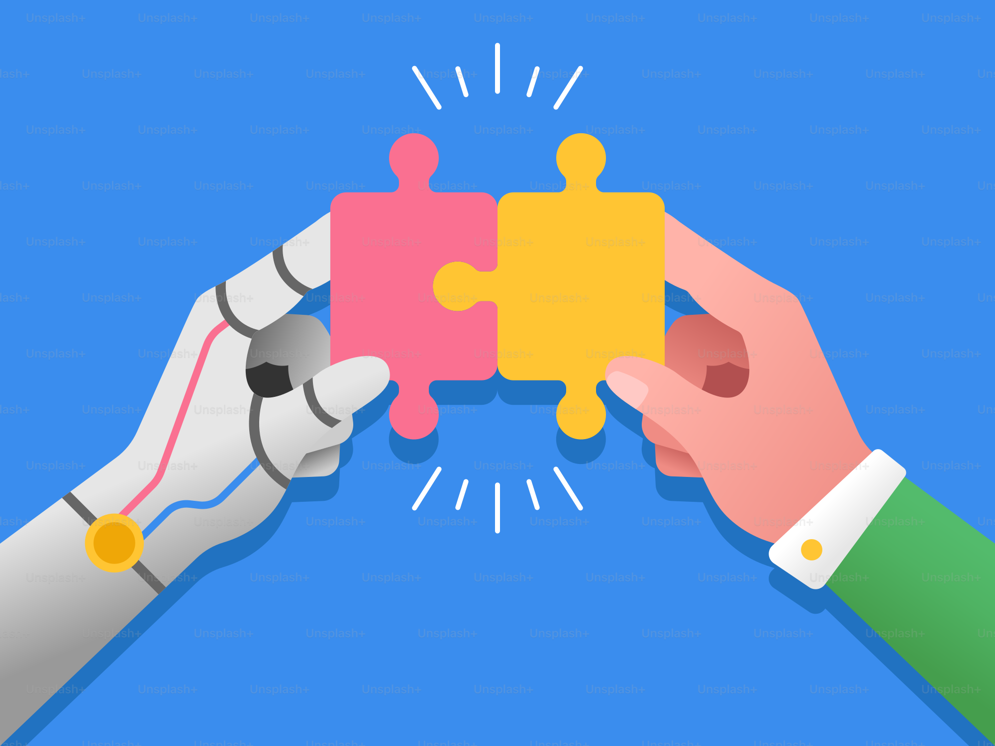 Two hands holding a puzzle piece together