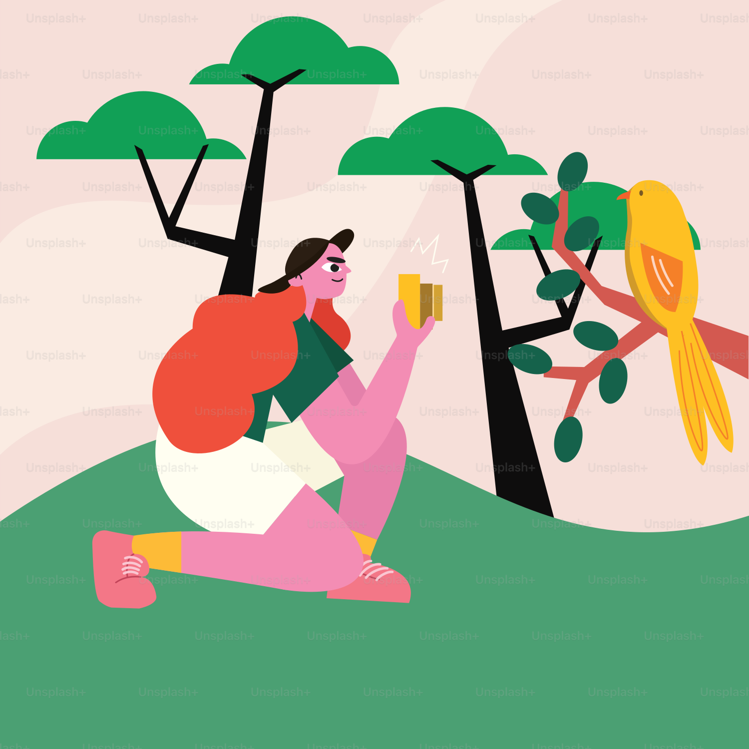 Eine Frau, die mit einem Vogel auf der Schulter auf dem Boden sitzt