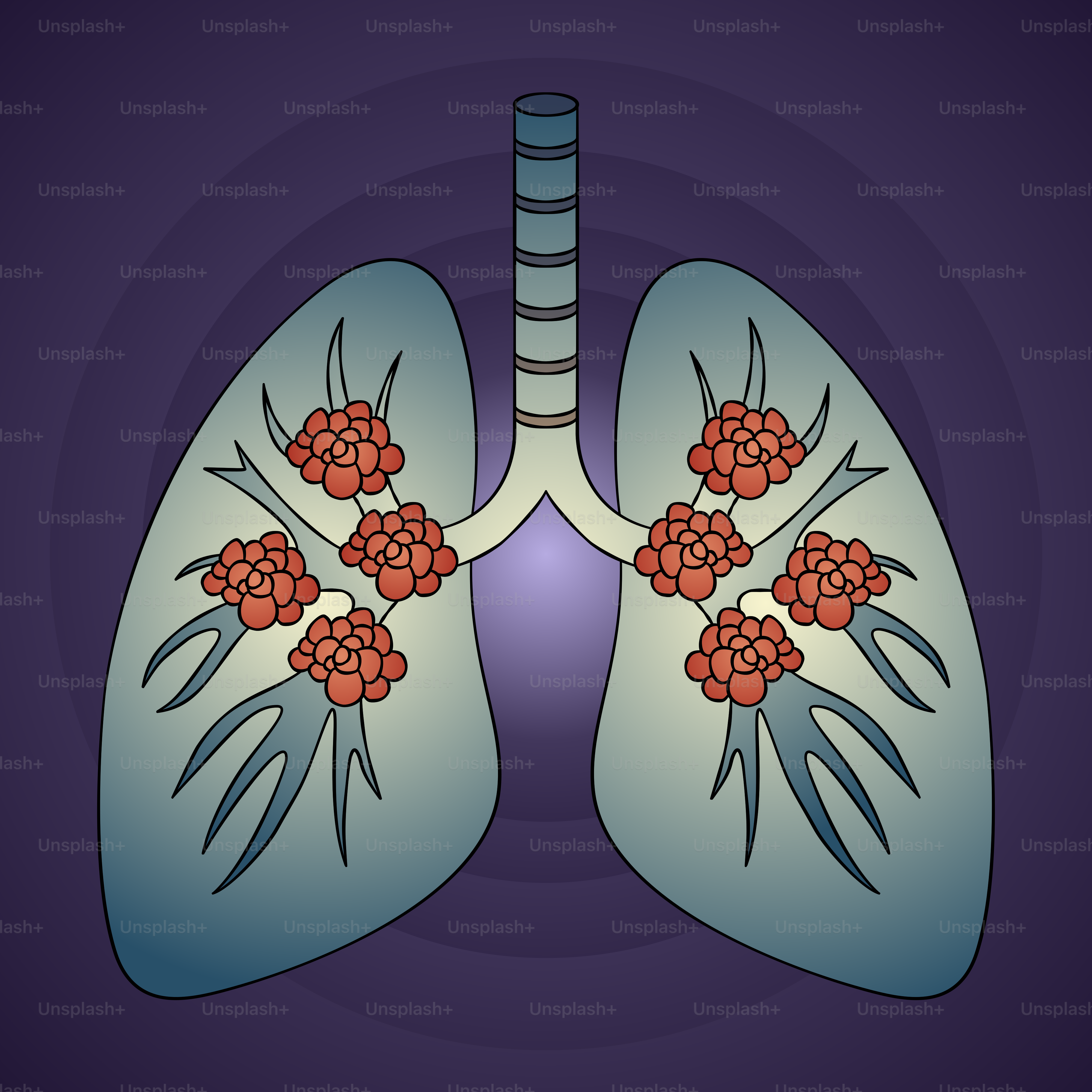 A diagram of the lungs with red flowers on it