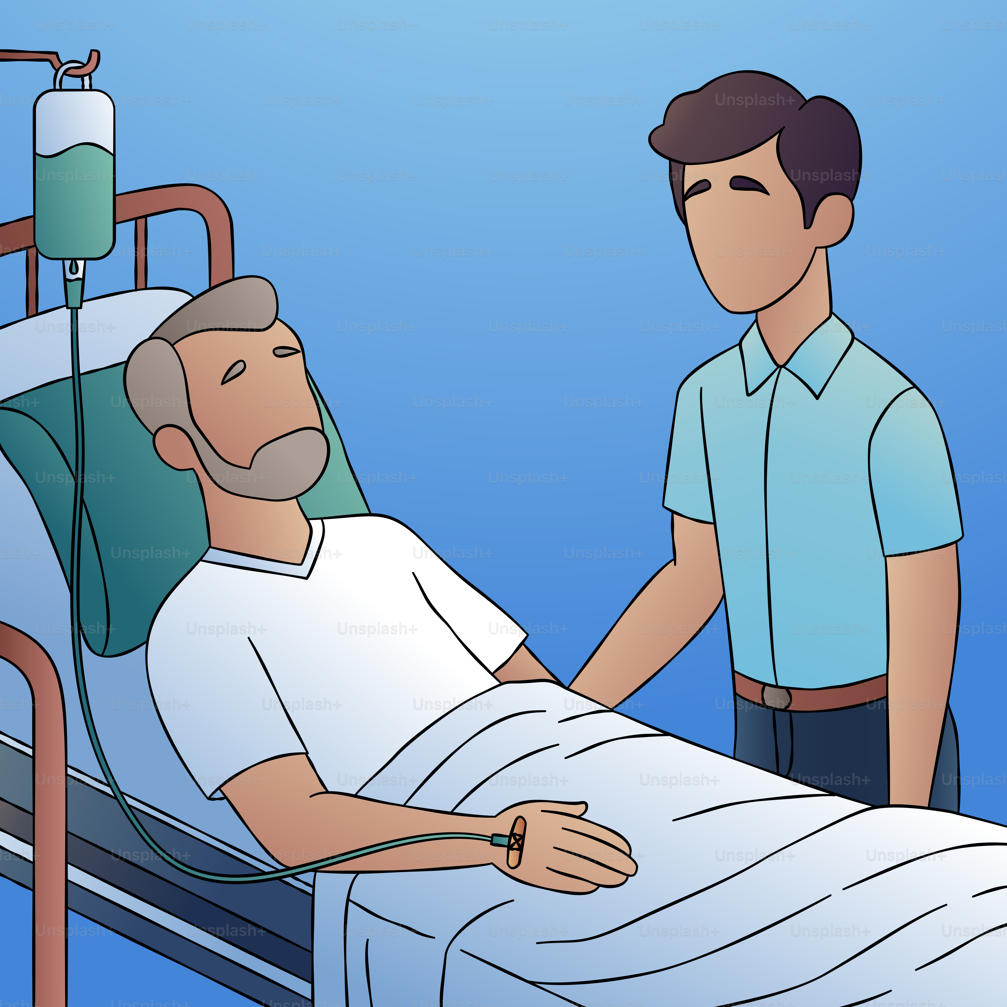 A man standing next to a man laying in a hospital bed