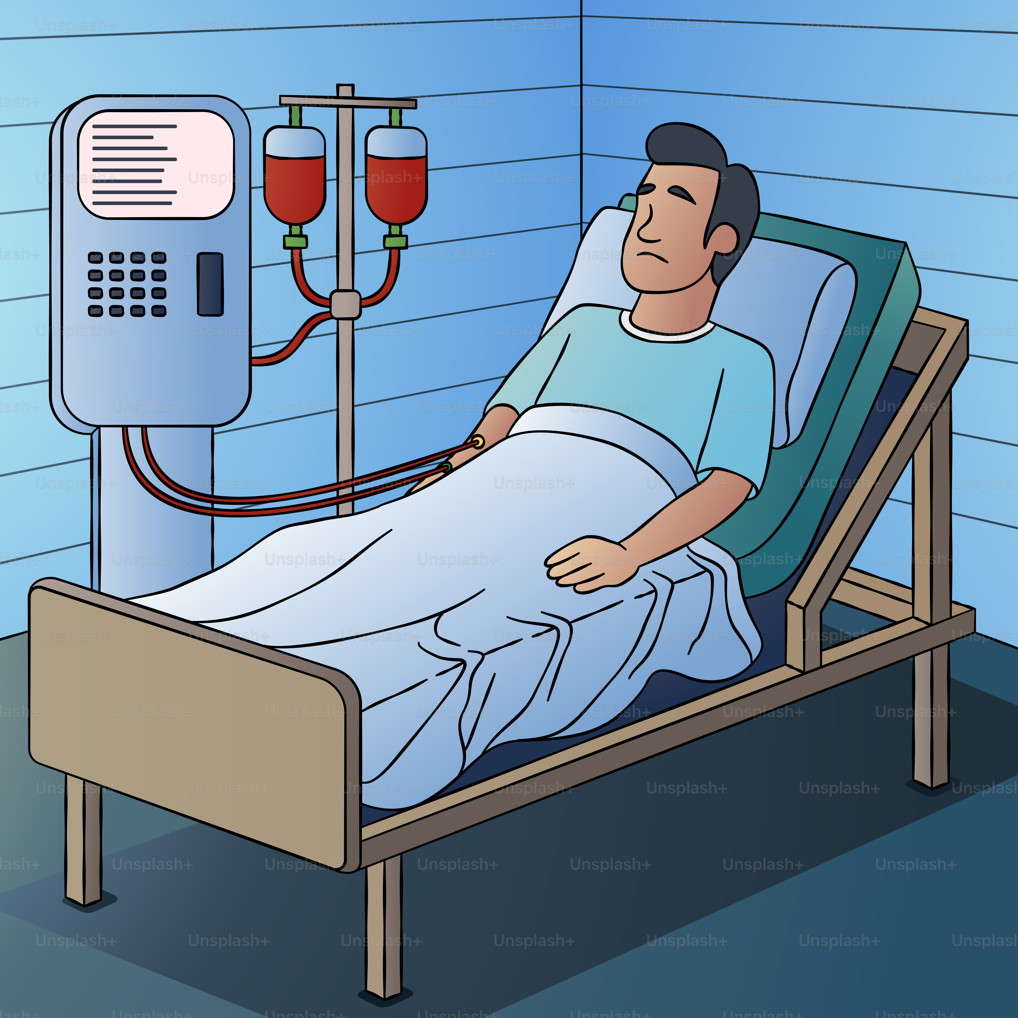 A man laying in a hospital bed next to a iv machine