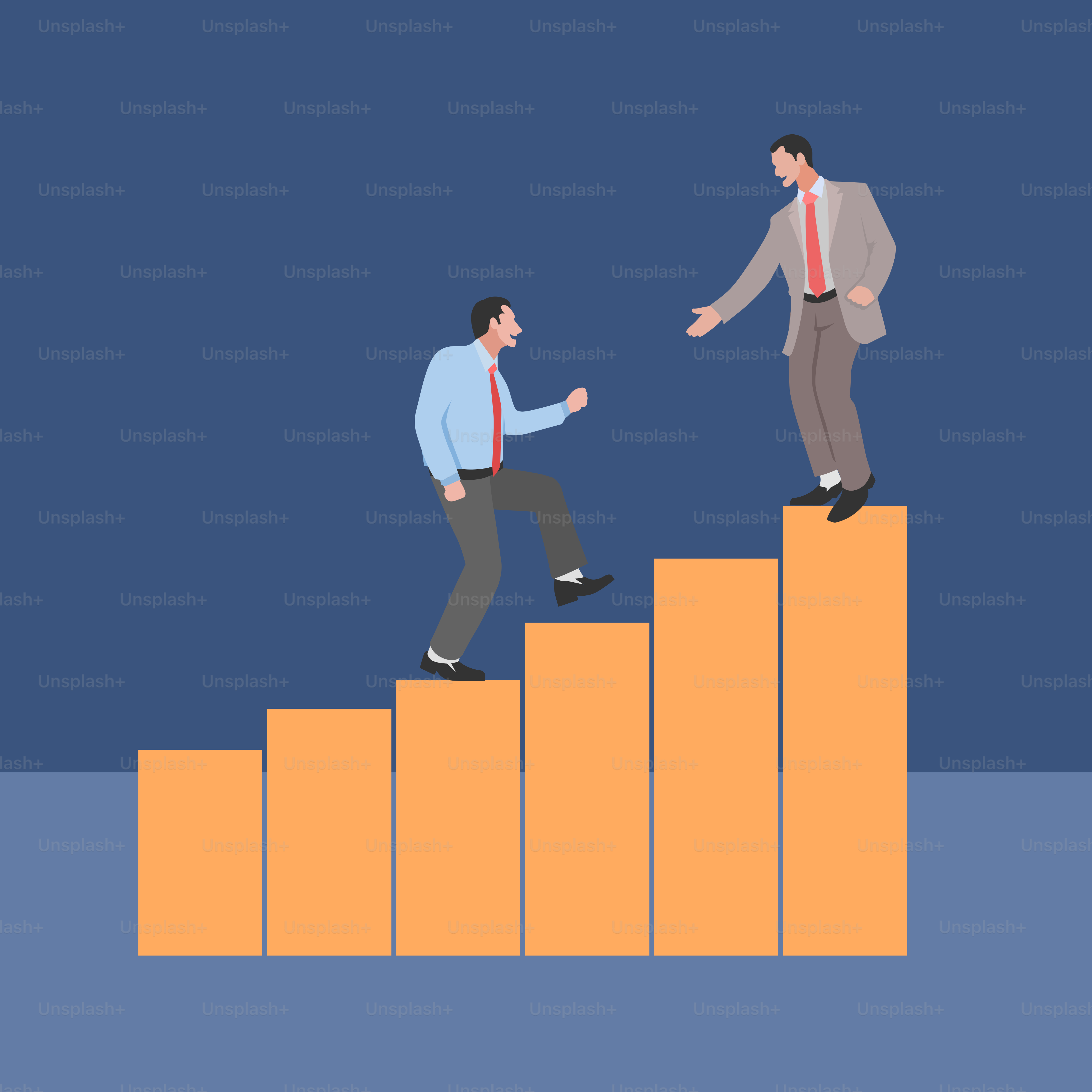 Two men are standing on a bar chart