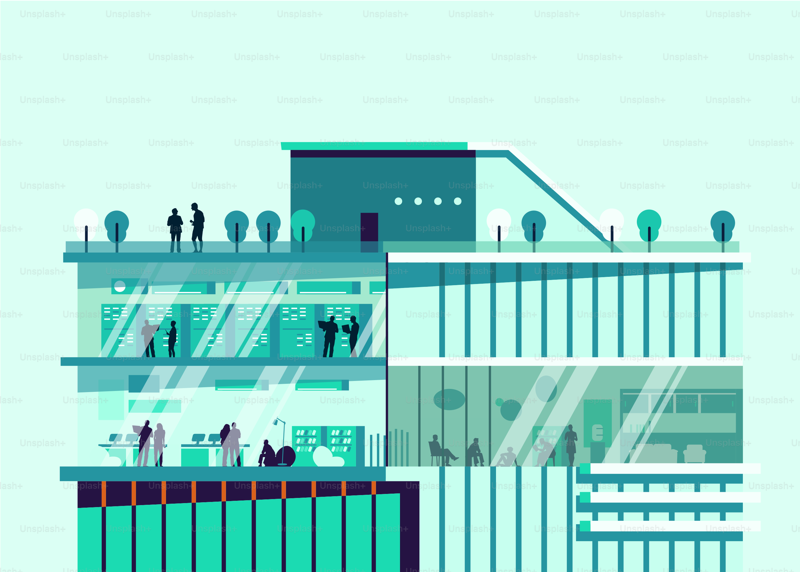 Ein Gebäude, auf dem Menschen stehen