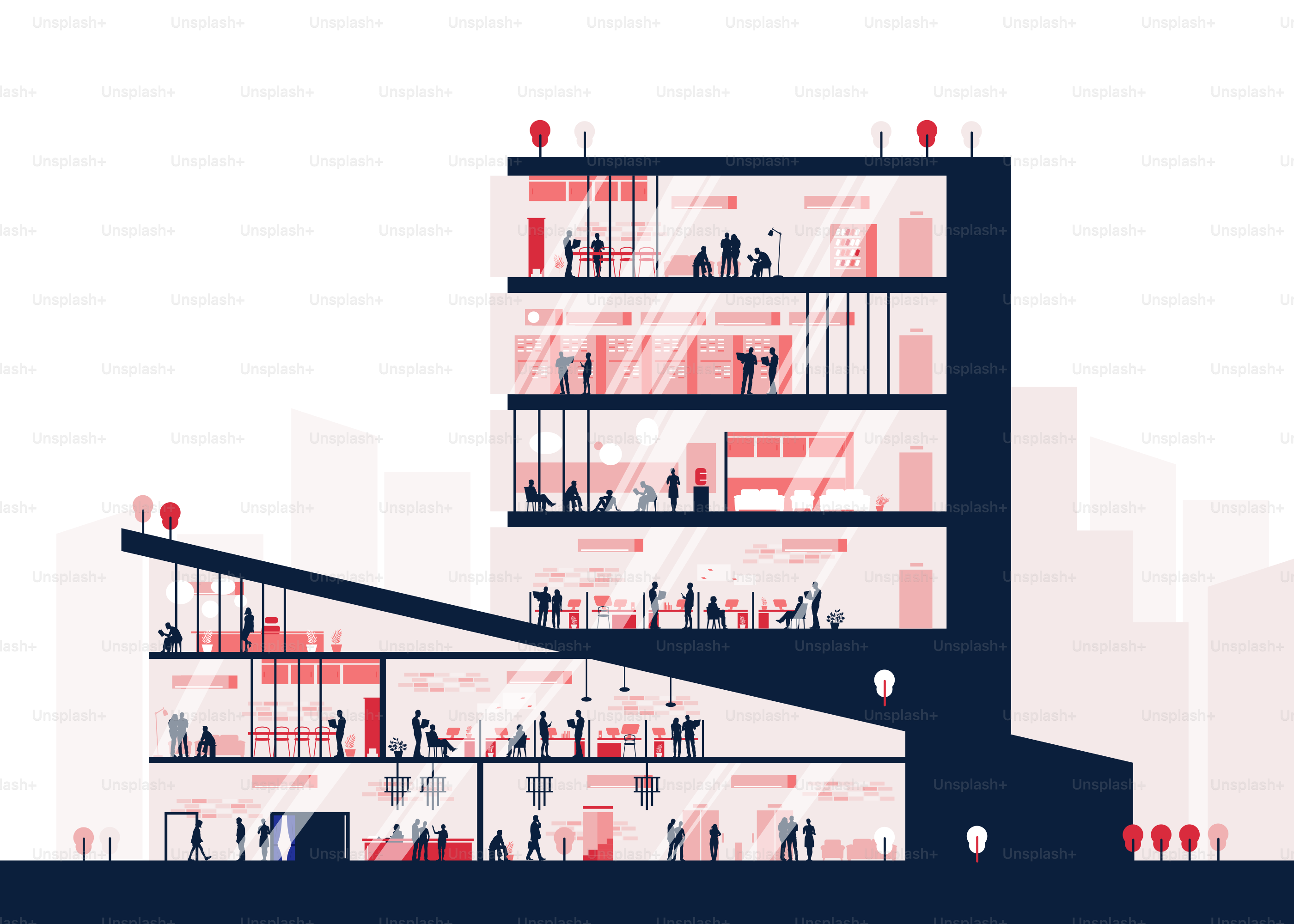 Ein hohes Gebäude mit vielen Fenstern darauf