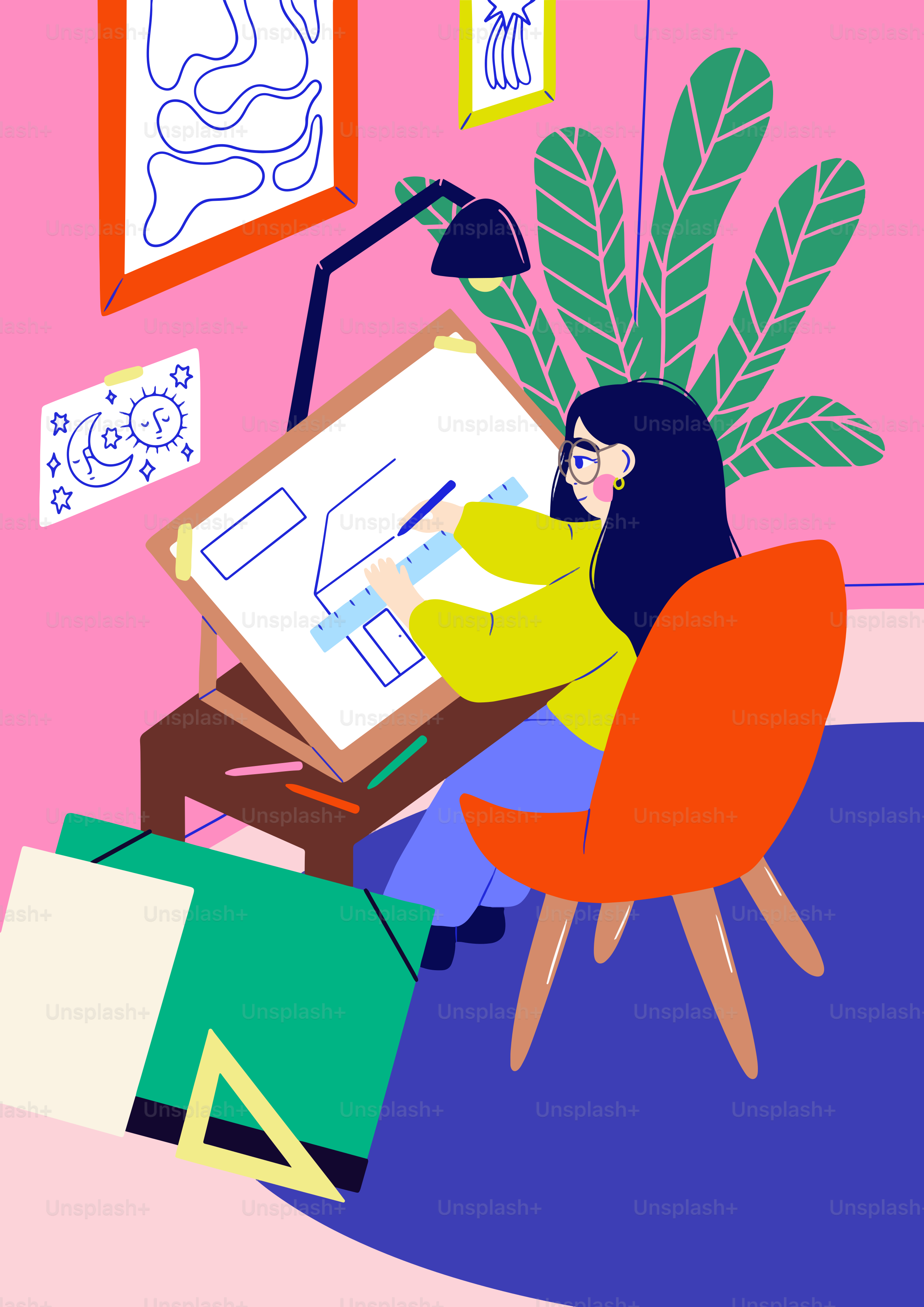 A woman sitting at a desk with a drawing on it