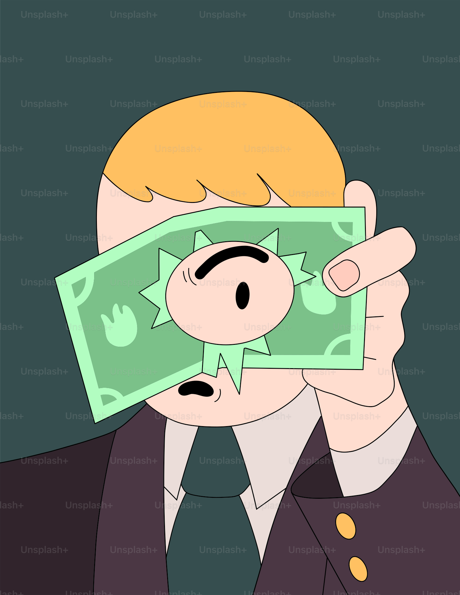 Um homem de terno segurando uma nota verde de dólar
