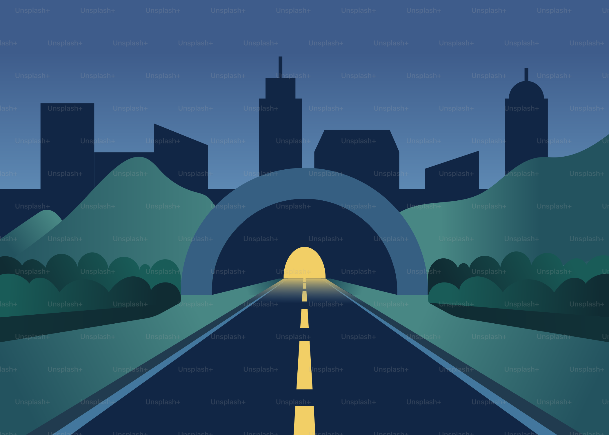 A poster of a highway going into a city