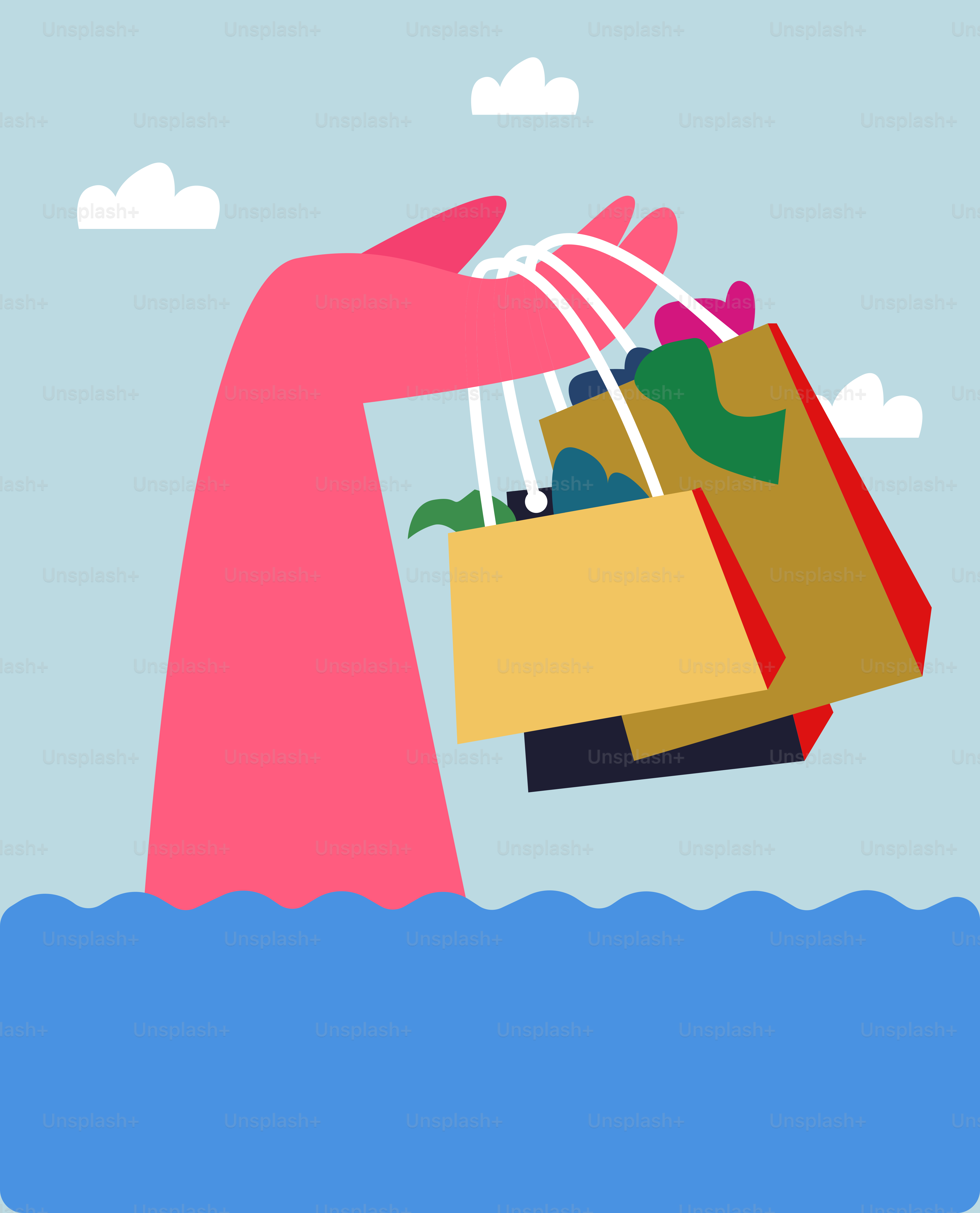 A hand holding a shopping bag over a body of water