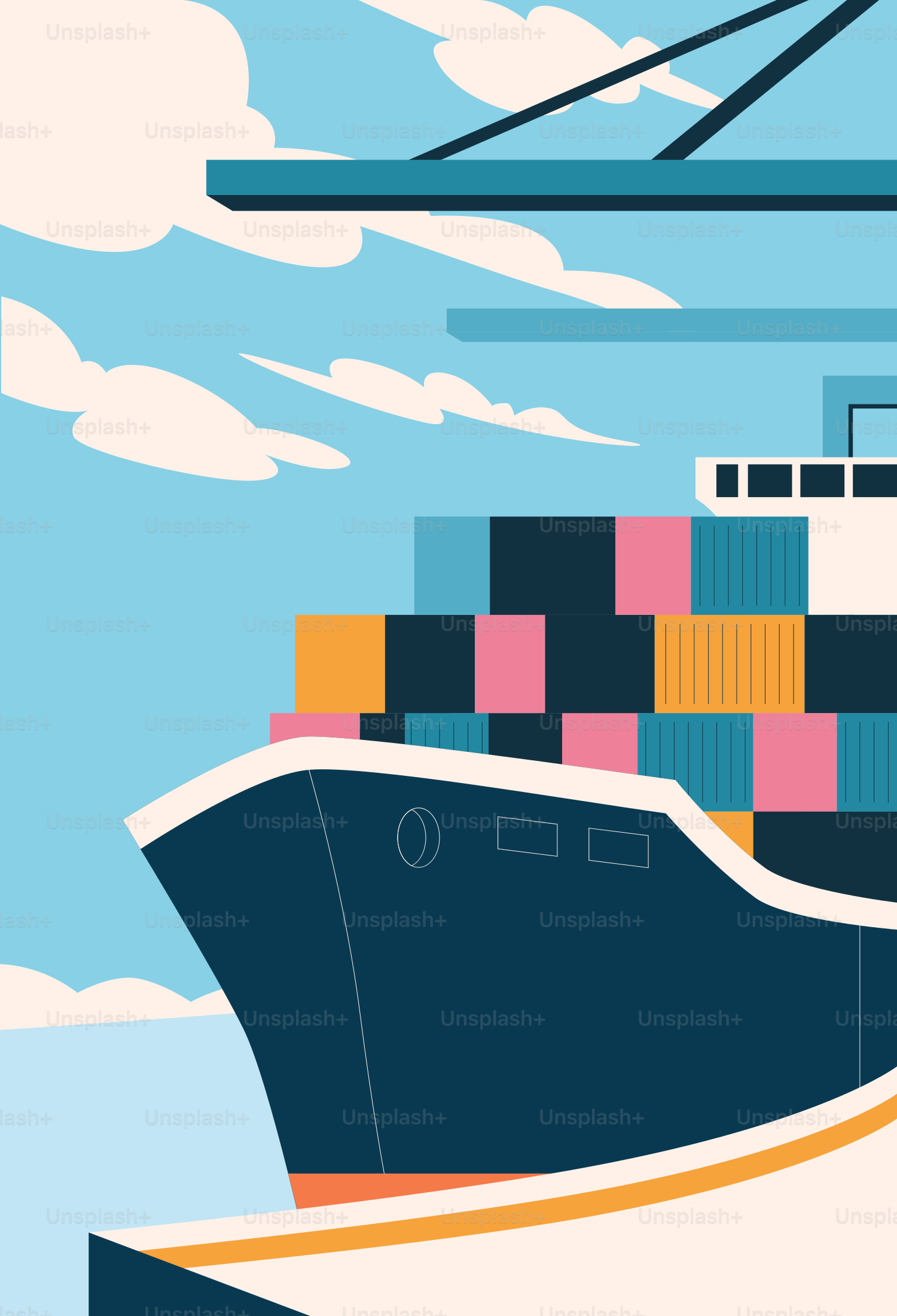 A large cargo ship with a crane in the background