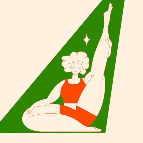 A woman sitting on a yoga mat in front of a green triangle