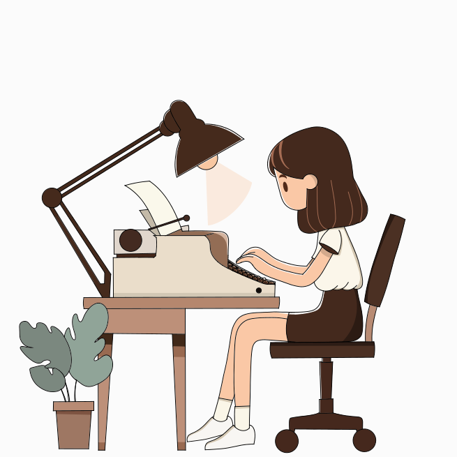 A woman sitting at a desk working on a typewriter