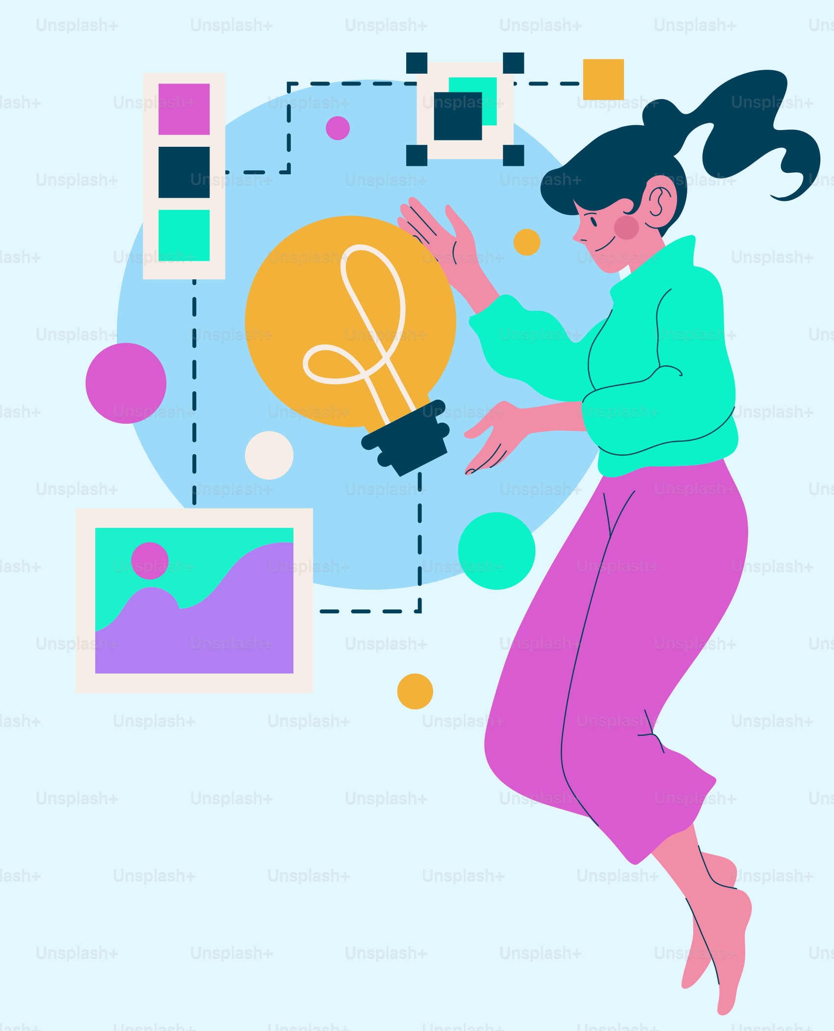 A woman is flying through the air with a light bulb above her head