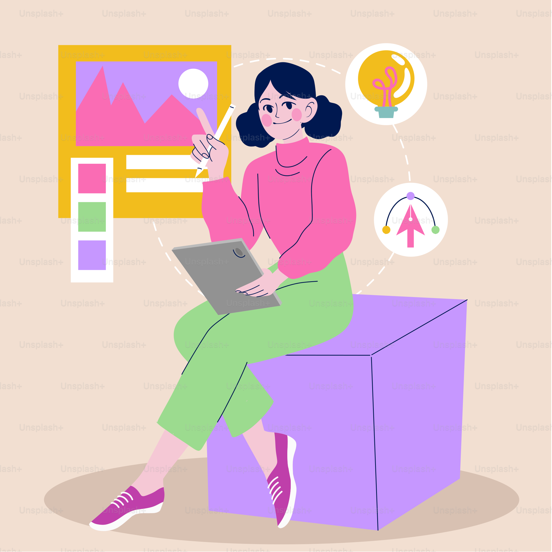 A woman sitting on top of a purple box