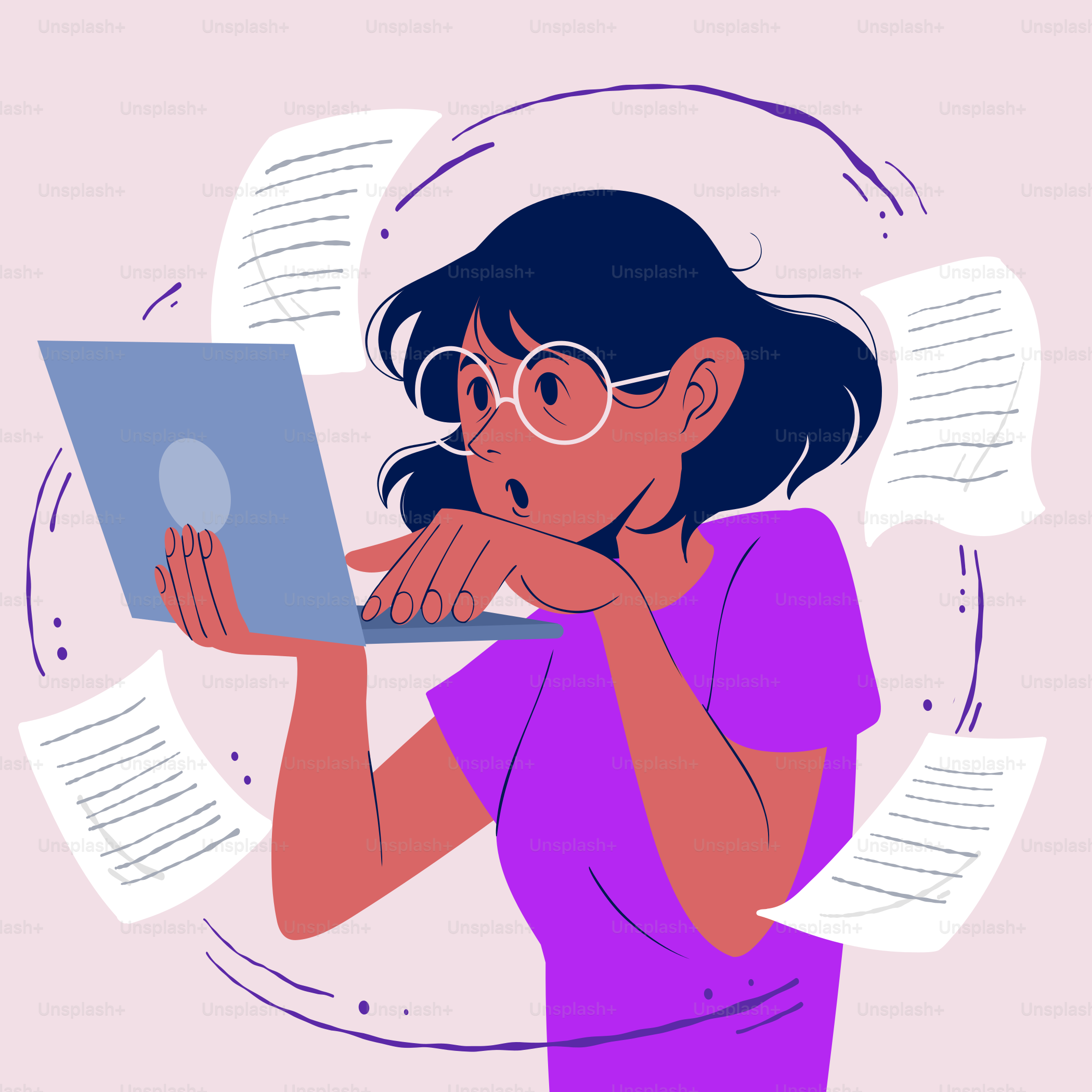 A woman with glasses is looking at a laptop