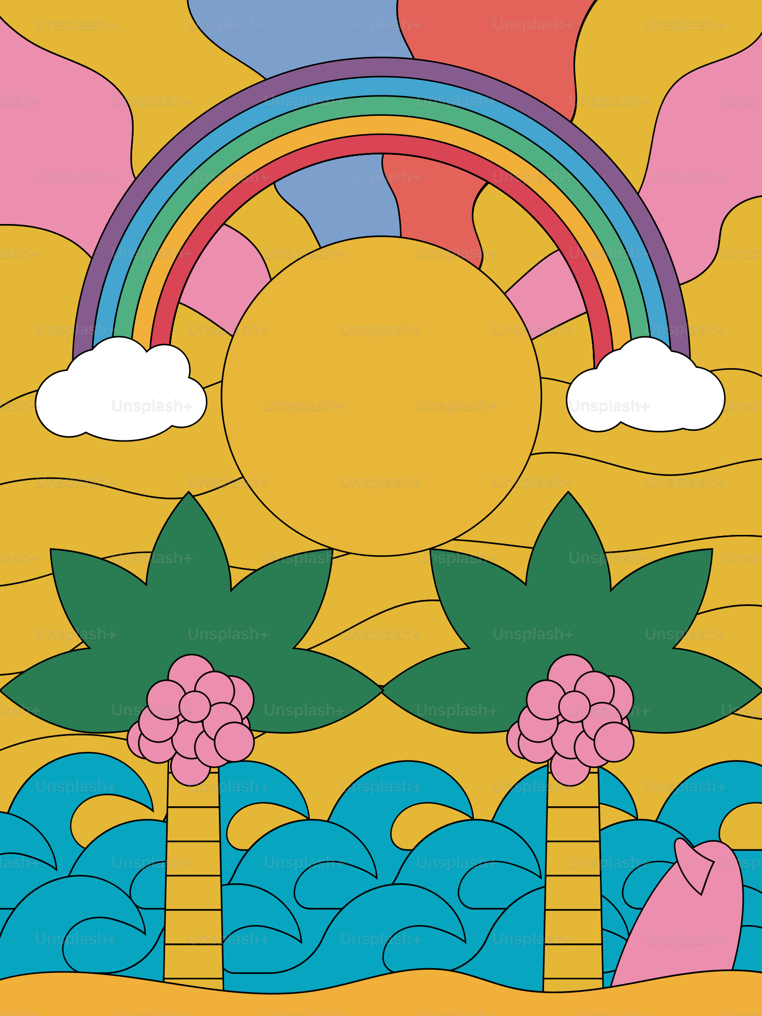 A painting of a rainbow and palm trees