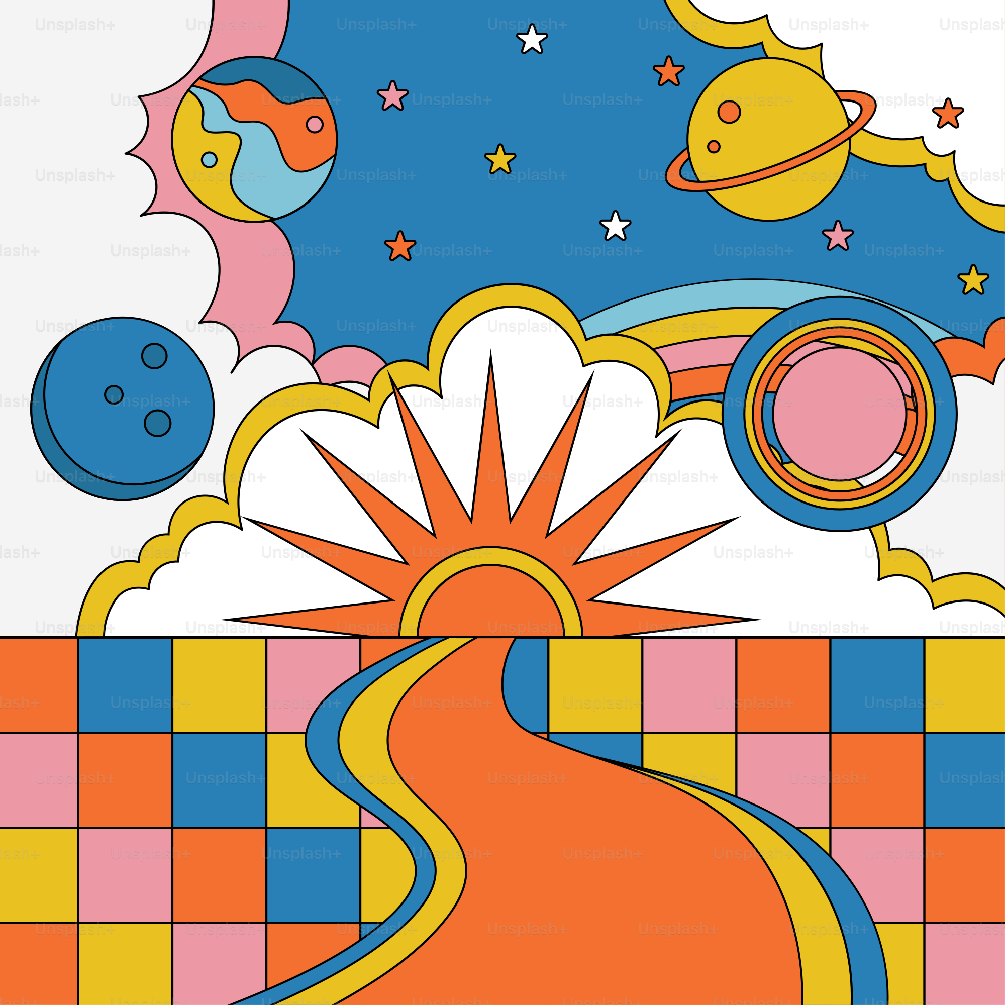 A picture of a colorful background with a sun, clouds, planets, and a