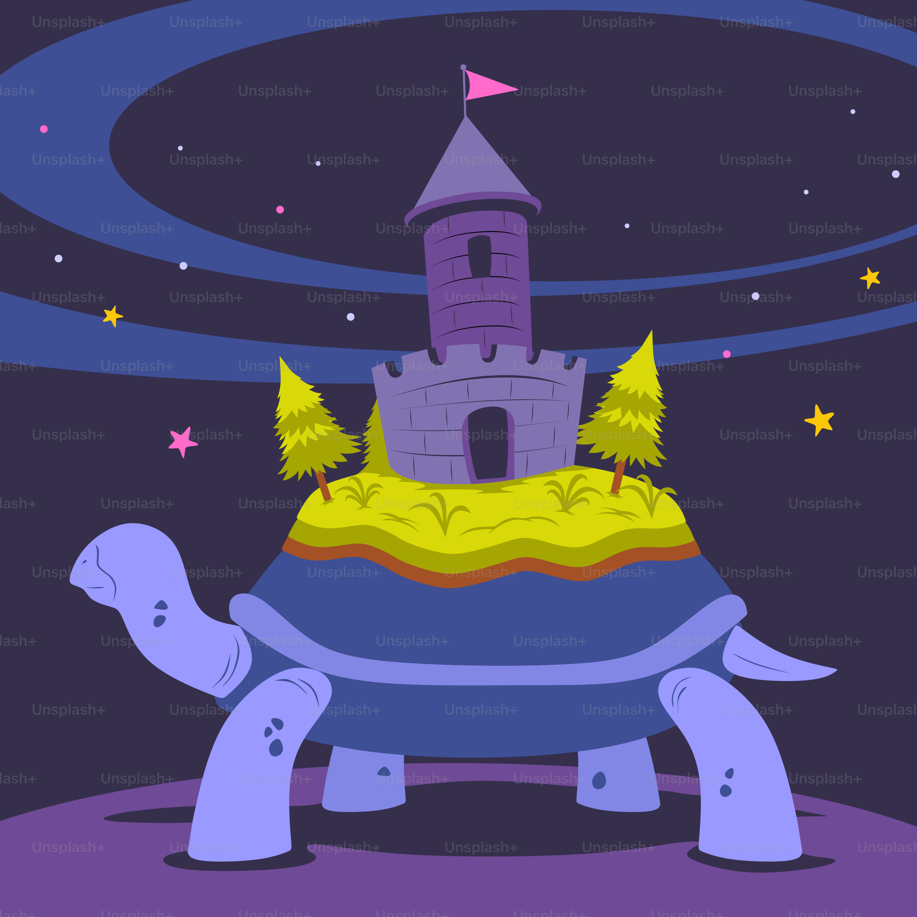 A cartoon turtle with a castle on top of it