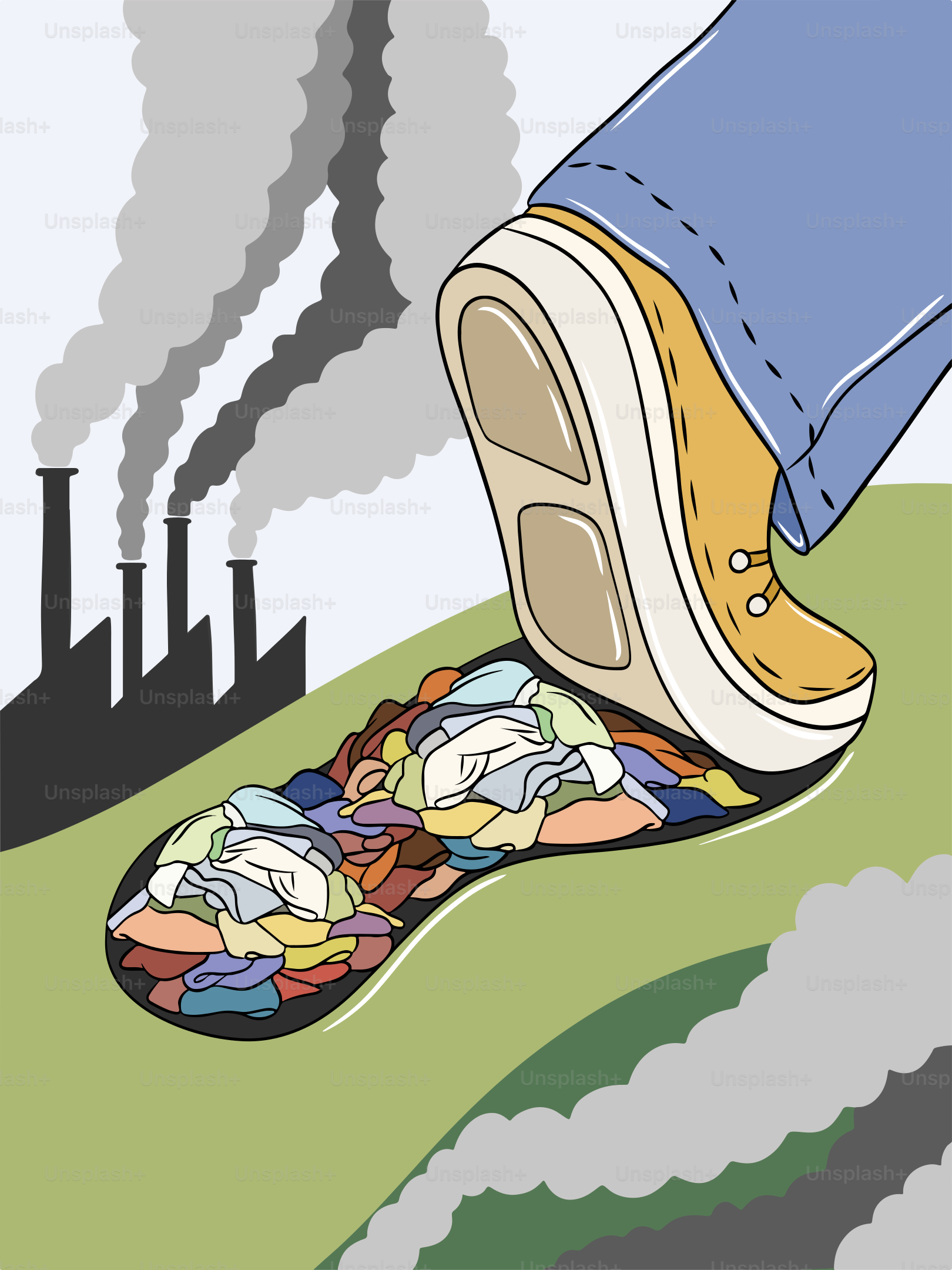 Una caricatura de una persona pisando un par de zapatillas