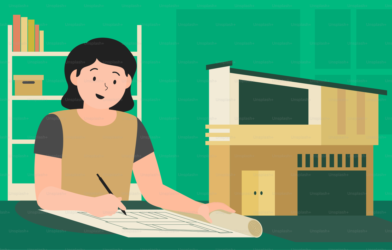 A woman sitting at a desk writing on a piece of paper