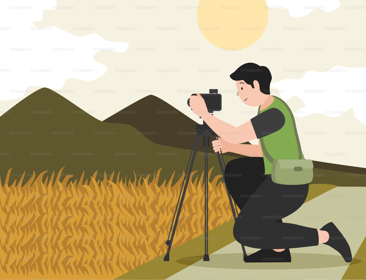 Un uomo inginocchiato per scattare una foto con una macchina fotografica
