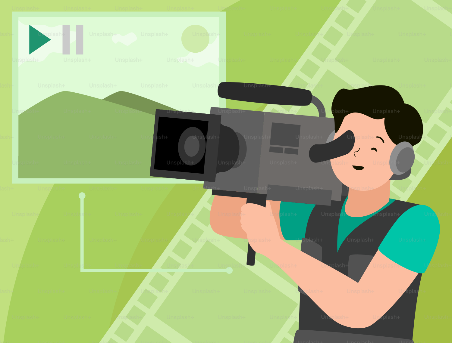 A man holding a video camera in front of a green background