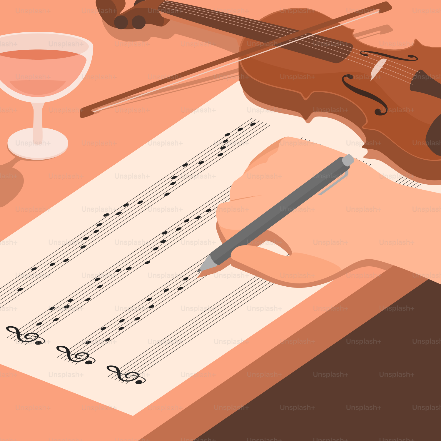 A person writing on a sheet of paper with a violin