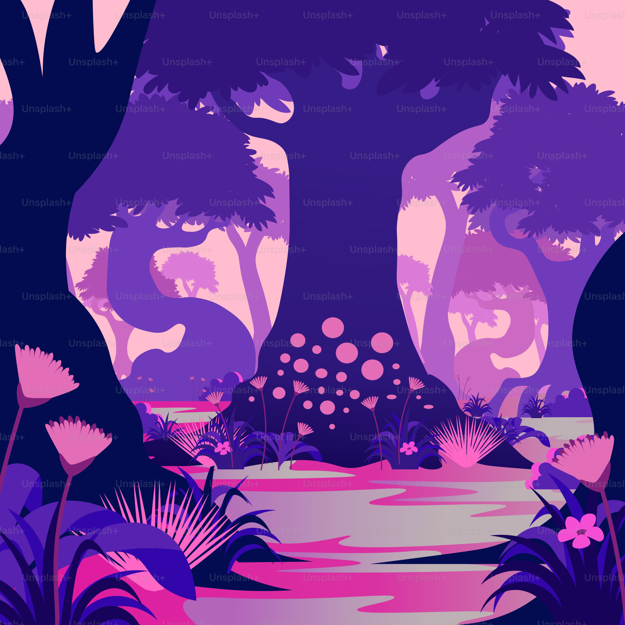 木々と花が咲く森の絵